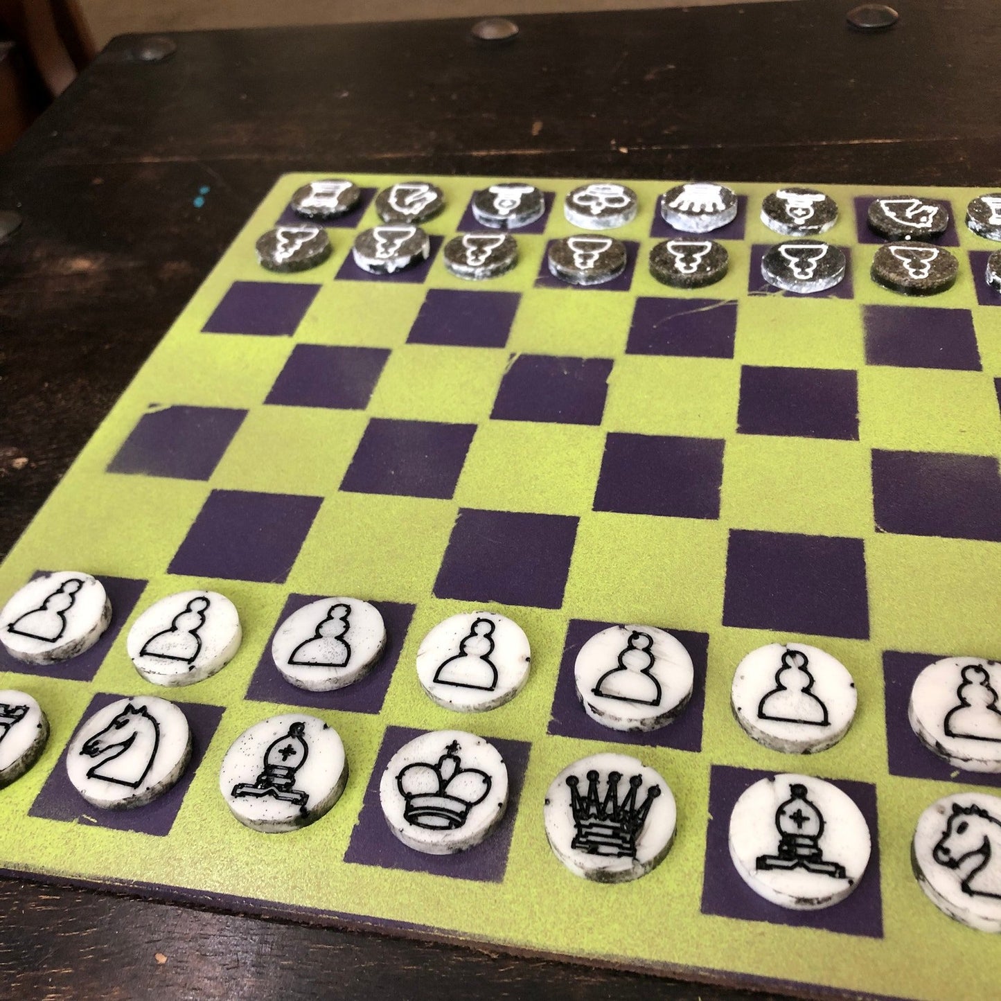 Painted Chess Set - Lime Green Purple