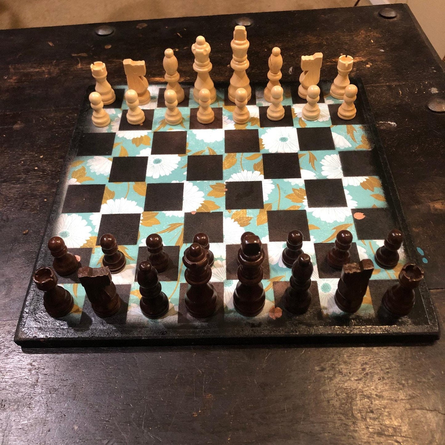 Scrapbook Chess Set - Green Flowered Set