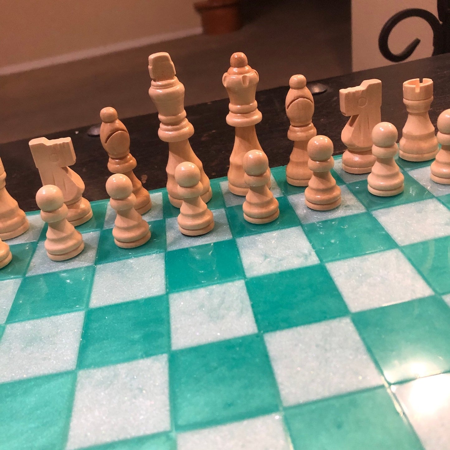 Resin Chess Set - Aqua Green & White (Wood Pieces)