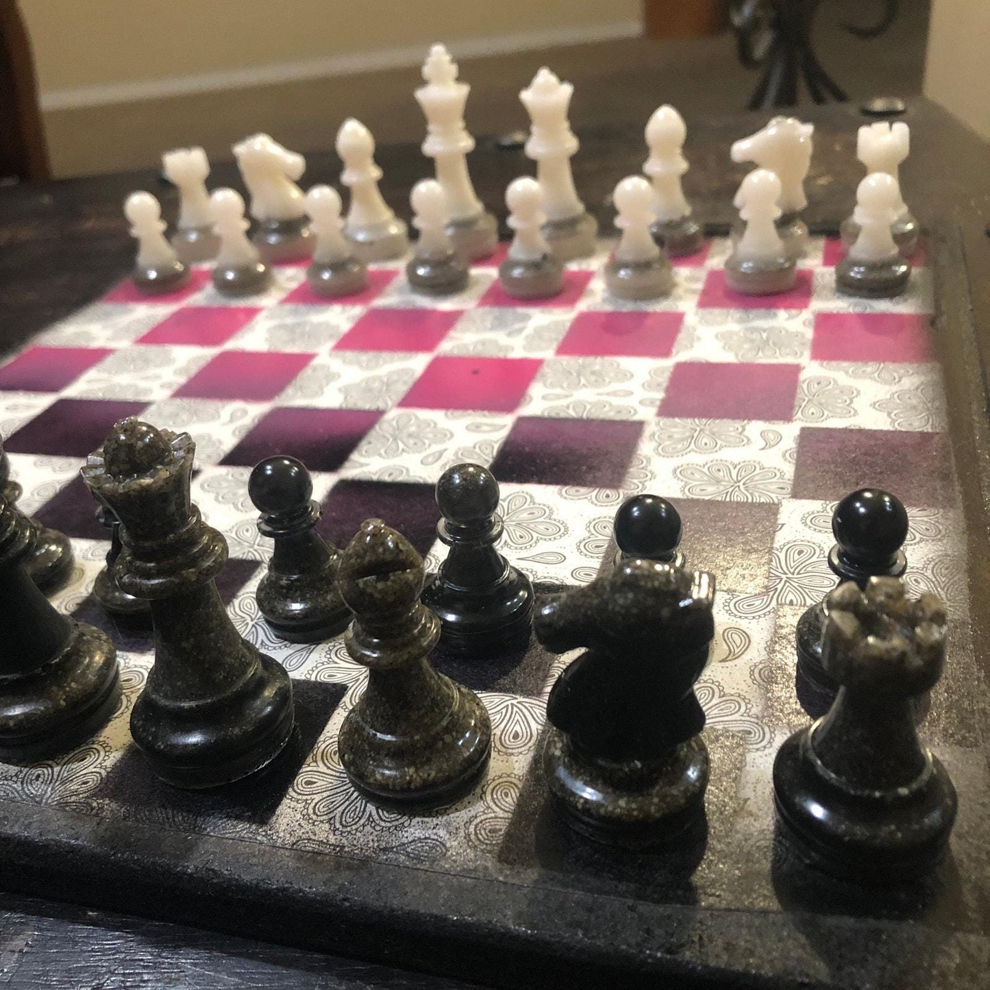 Scrapbook Chess Set - Pink & Black (Resin Pieces)