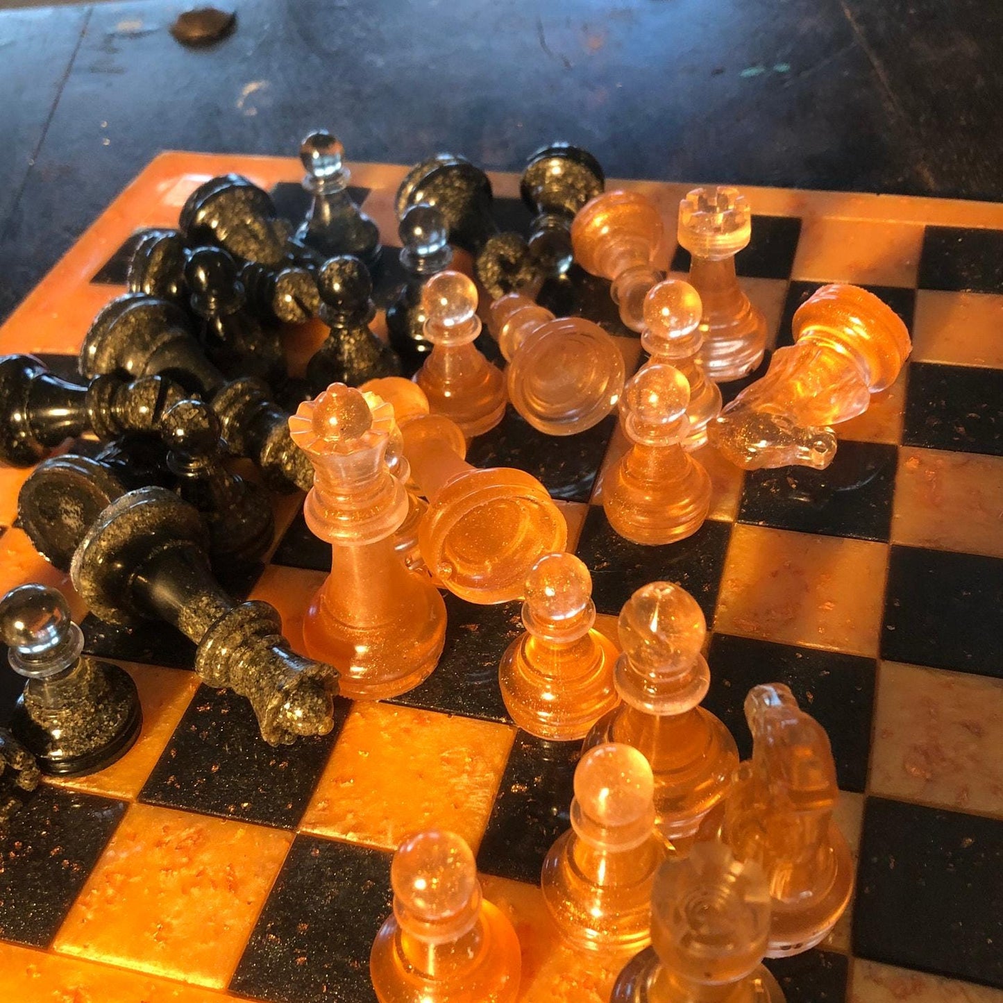 Handmade Resin Chess Set - Orange & Black