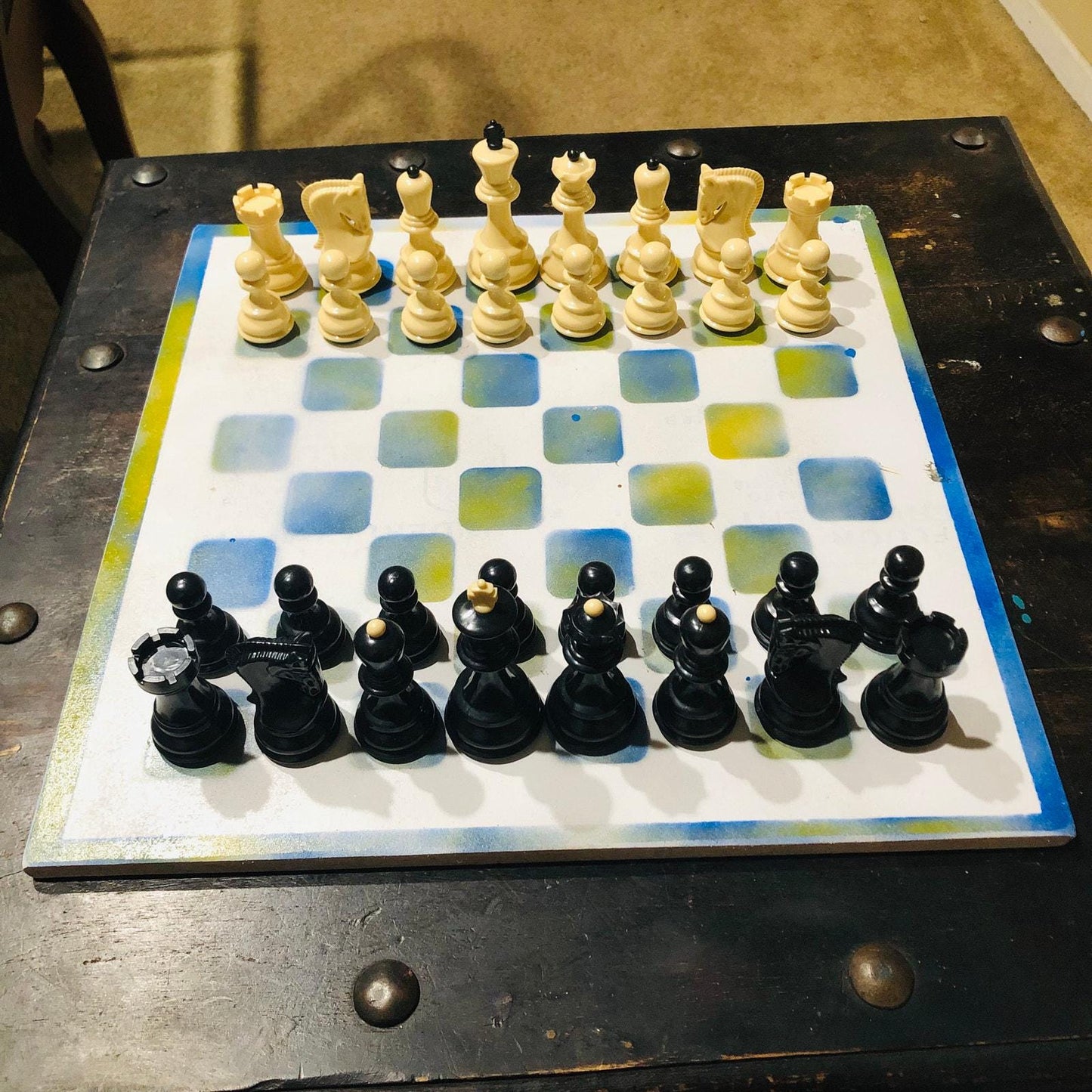 Large Painted Chess Set - Blue/Yellow & White