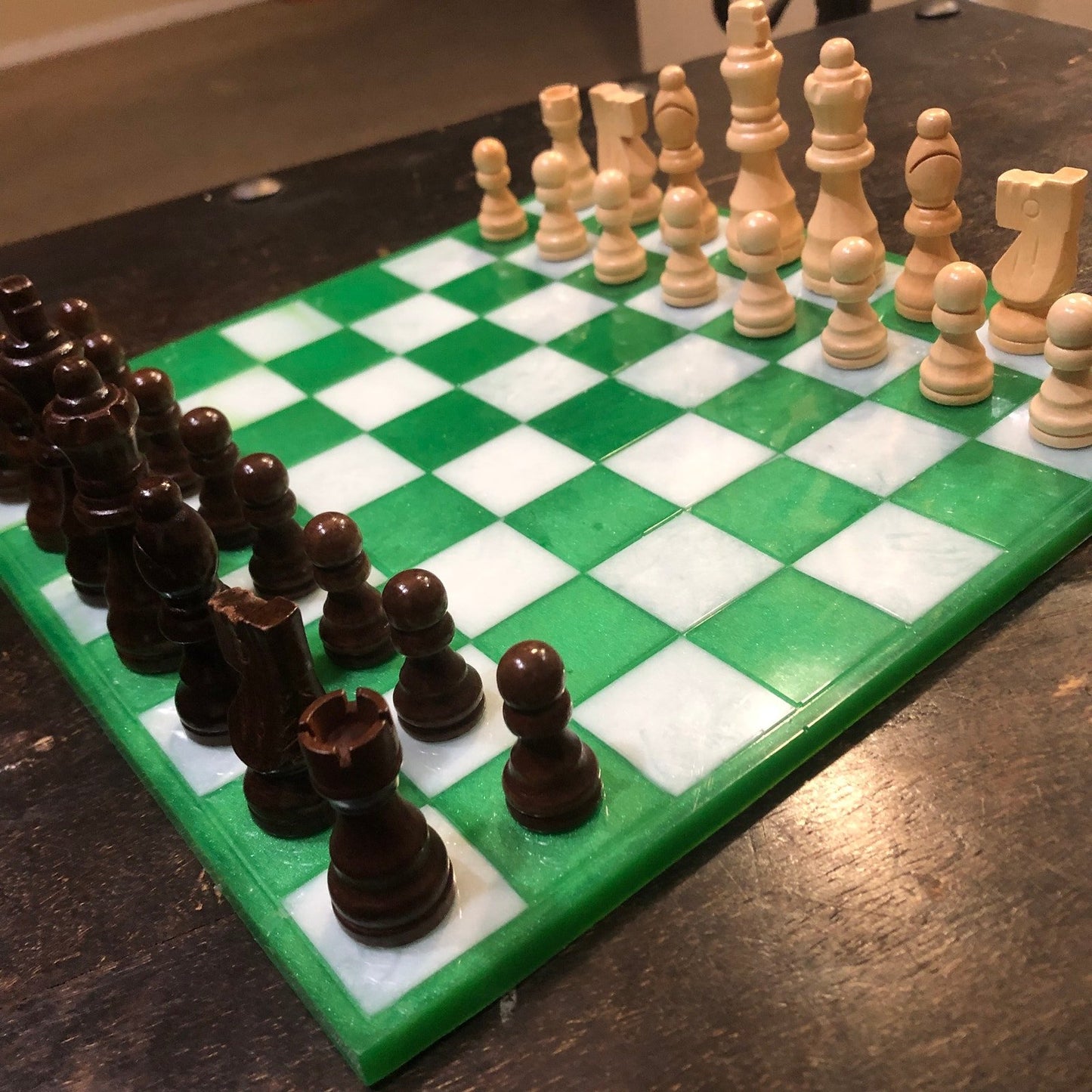 Resin Chess Set - Green & White (Wood Pieces)