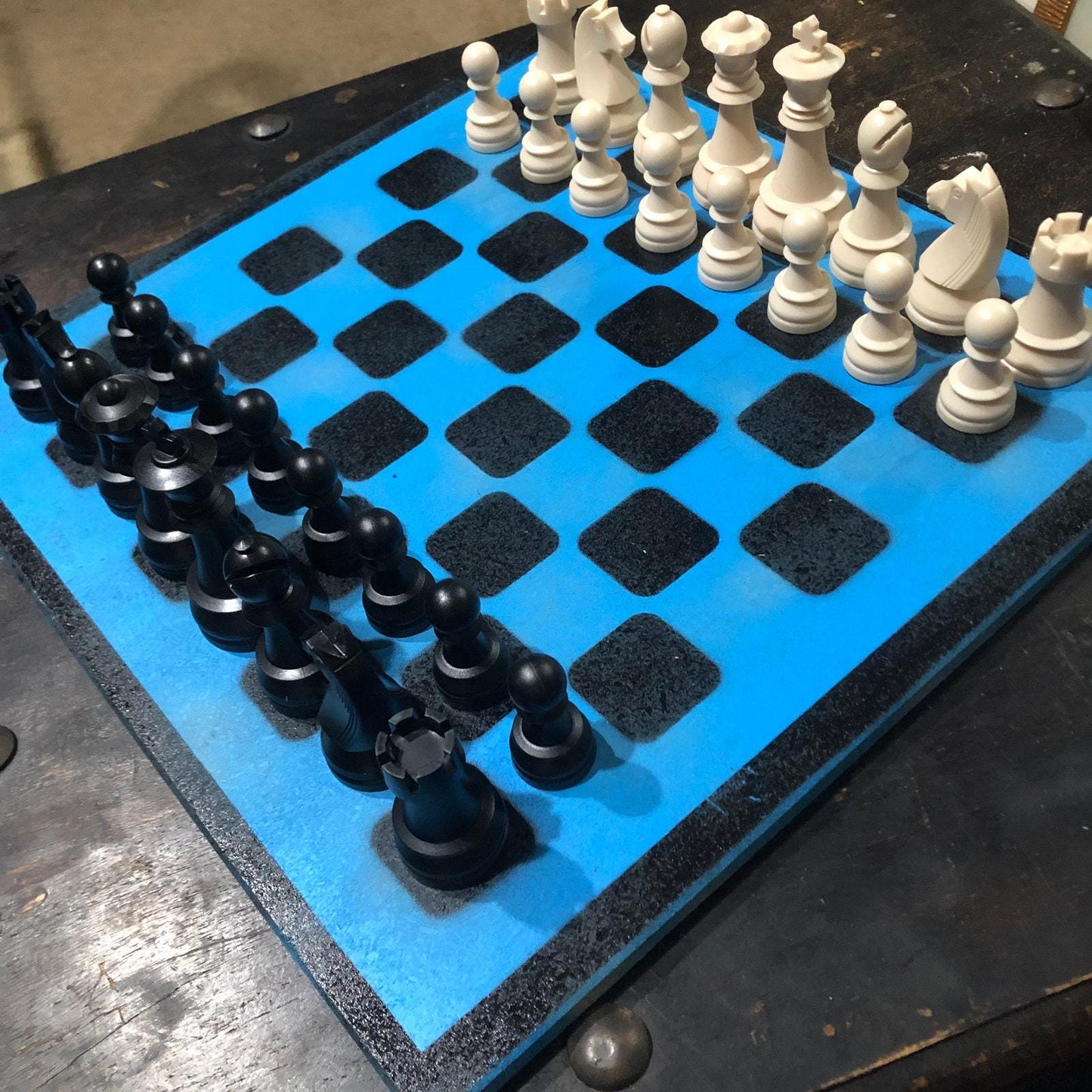 Large Painted Chess Set - Black & Blue