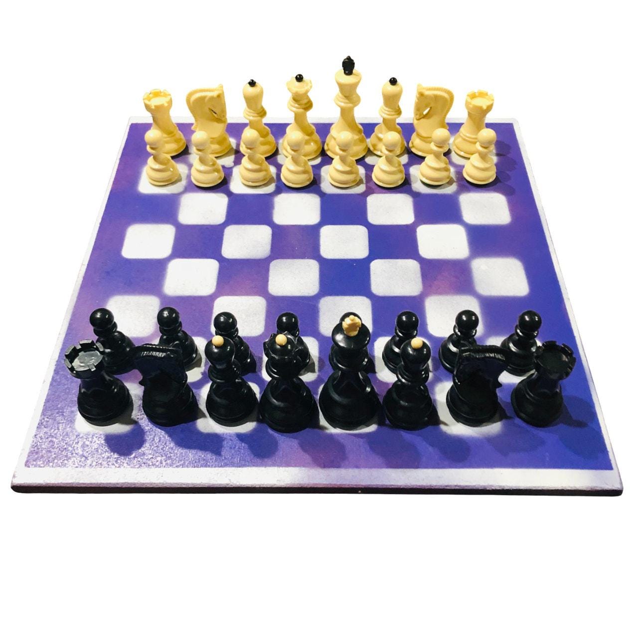 Large Painted Chess Set - Purple & White