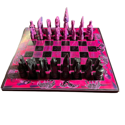 African Vintage Chess Set - Pink Soapstone Chess Board