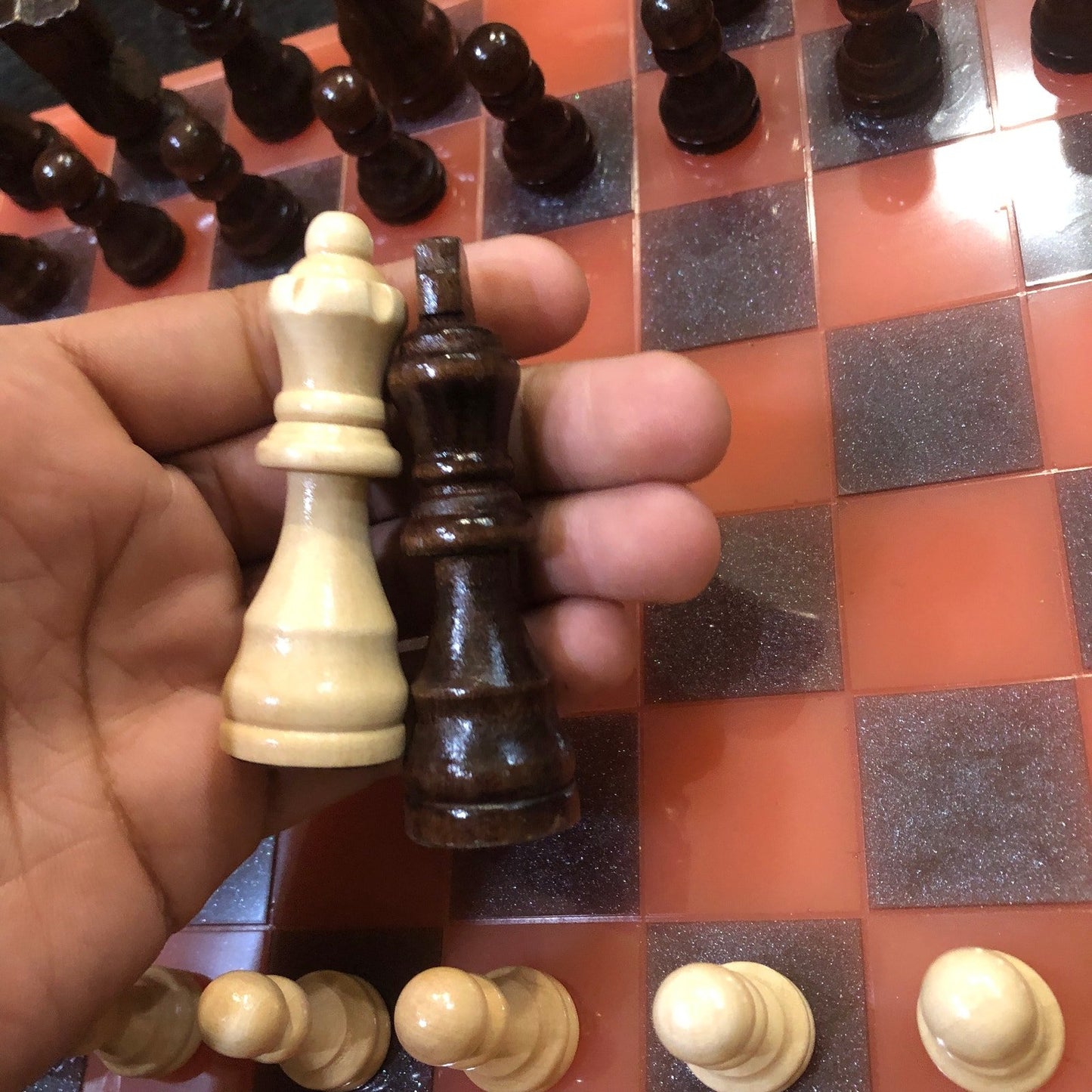 Resin Chess Set - Red & Black (Wood Pieces)