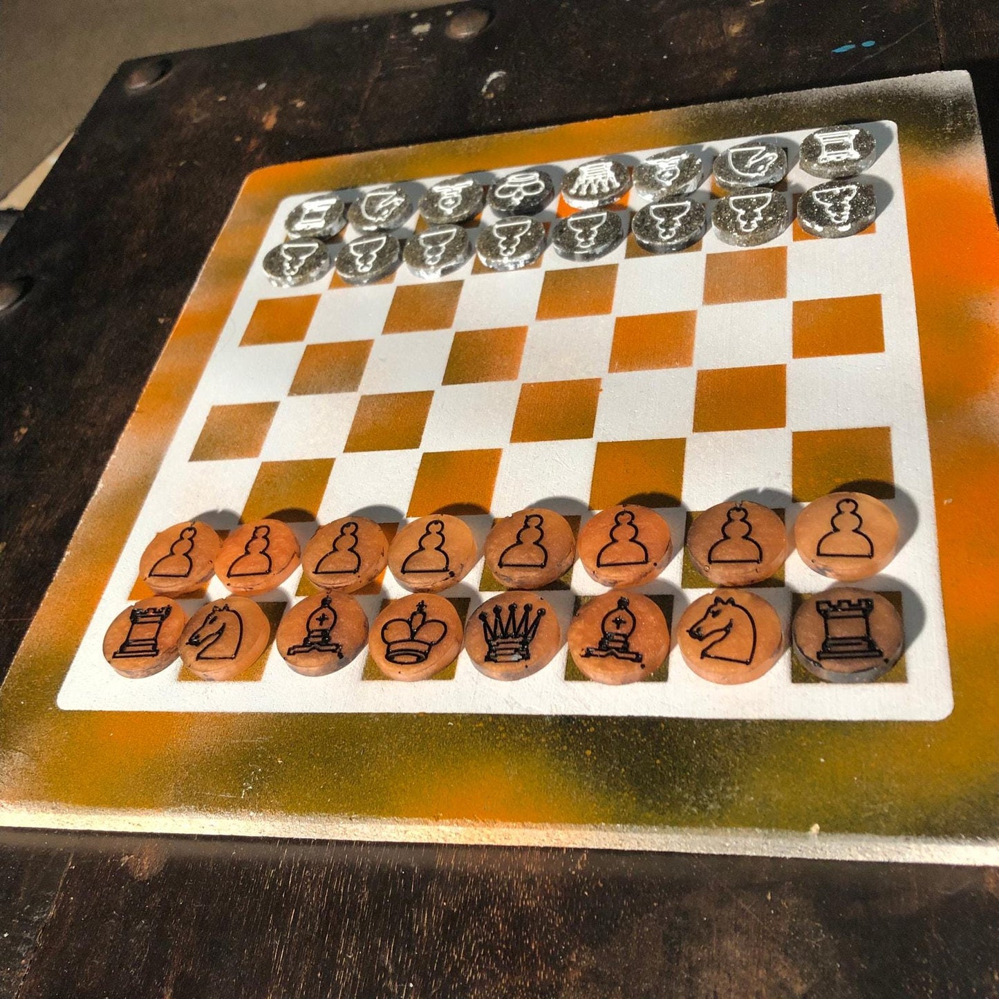 Chess Set - Orange White & Black (Resin Pieces)