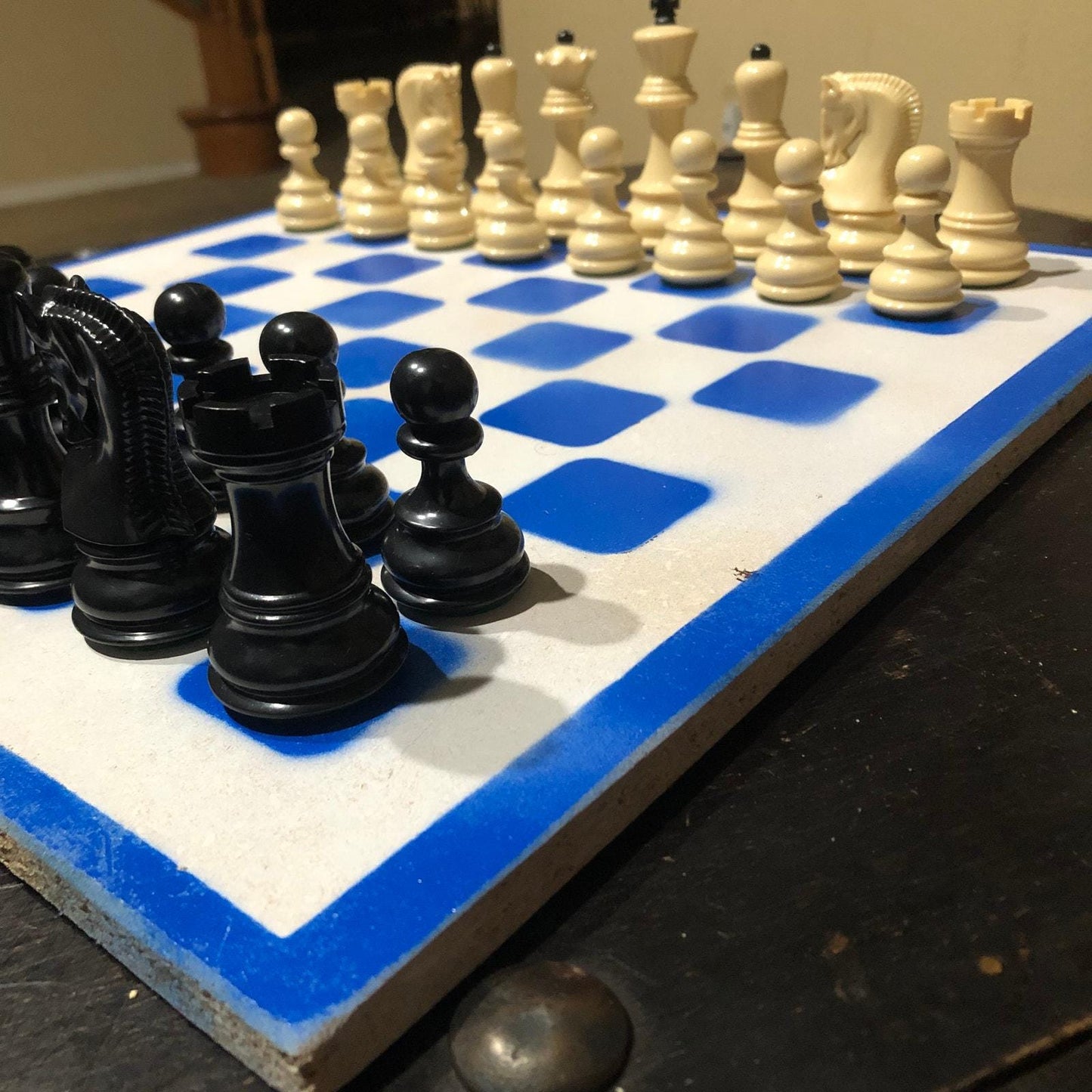 Large Painted Chess Set - Blue & White