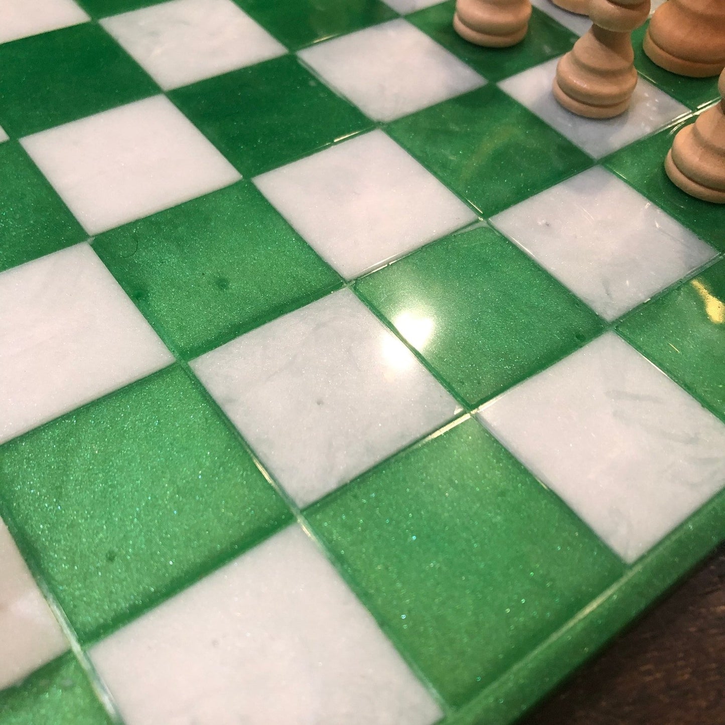 Resin Chess Set - Green & White (Wood Pieces)