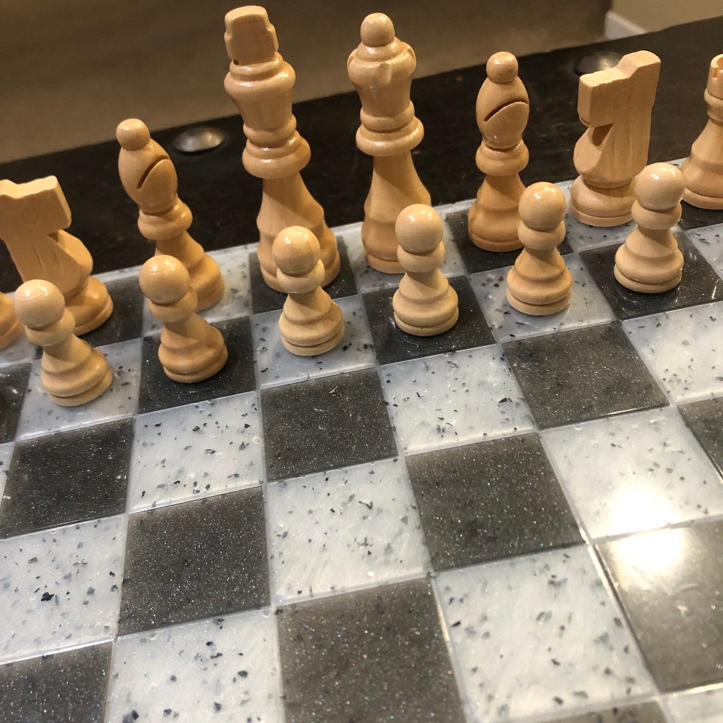 Resin Chess Set - Tattered Black & White (Wood Pieces)