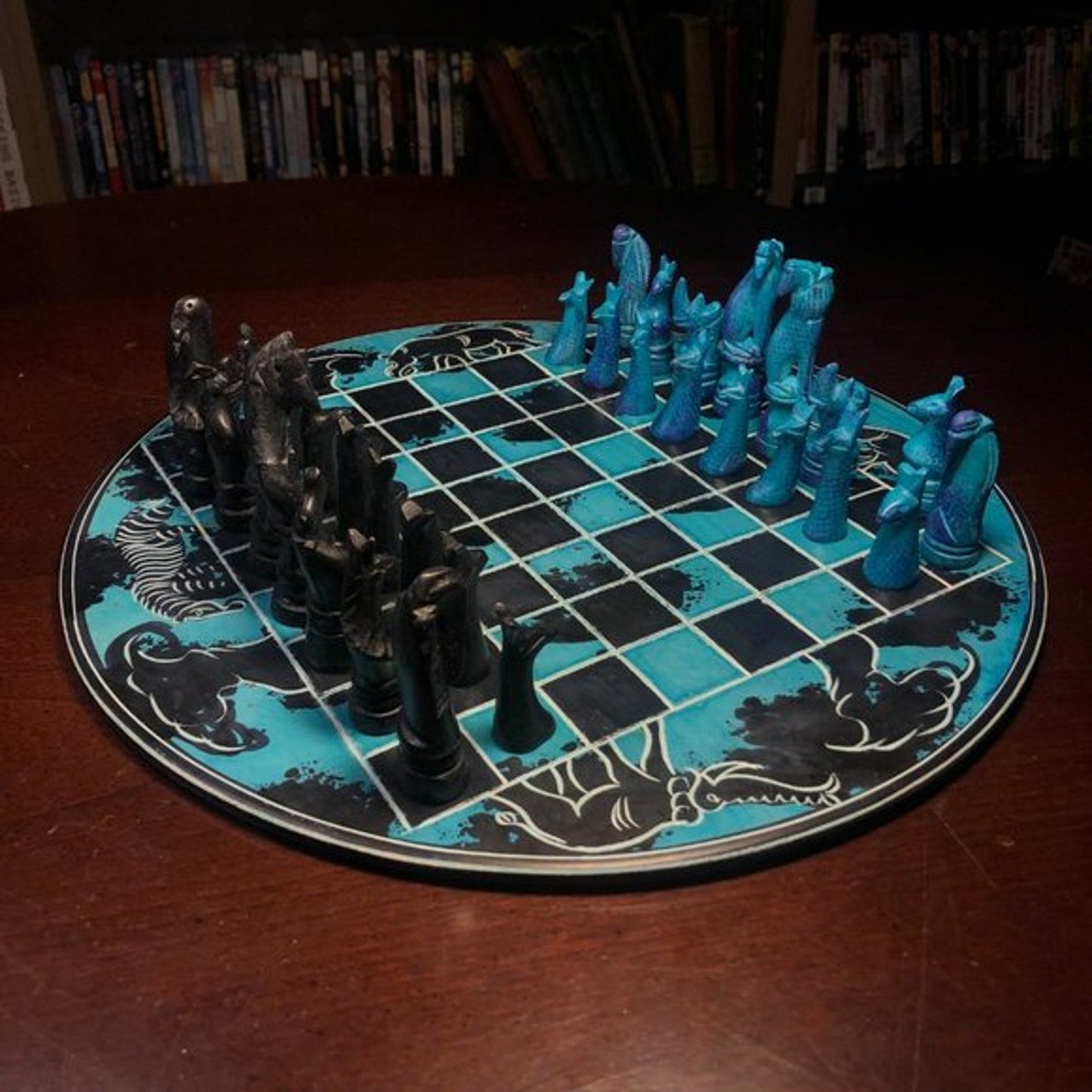 African Vintage Chess Set - Blue & Black Chess Board