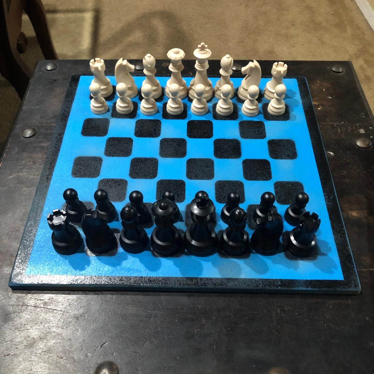 Large Painted Chess Set - Black & Blue