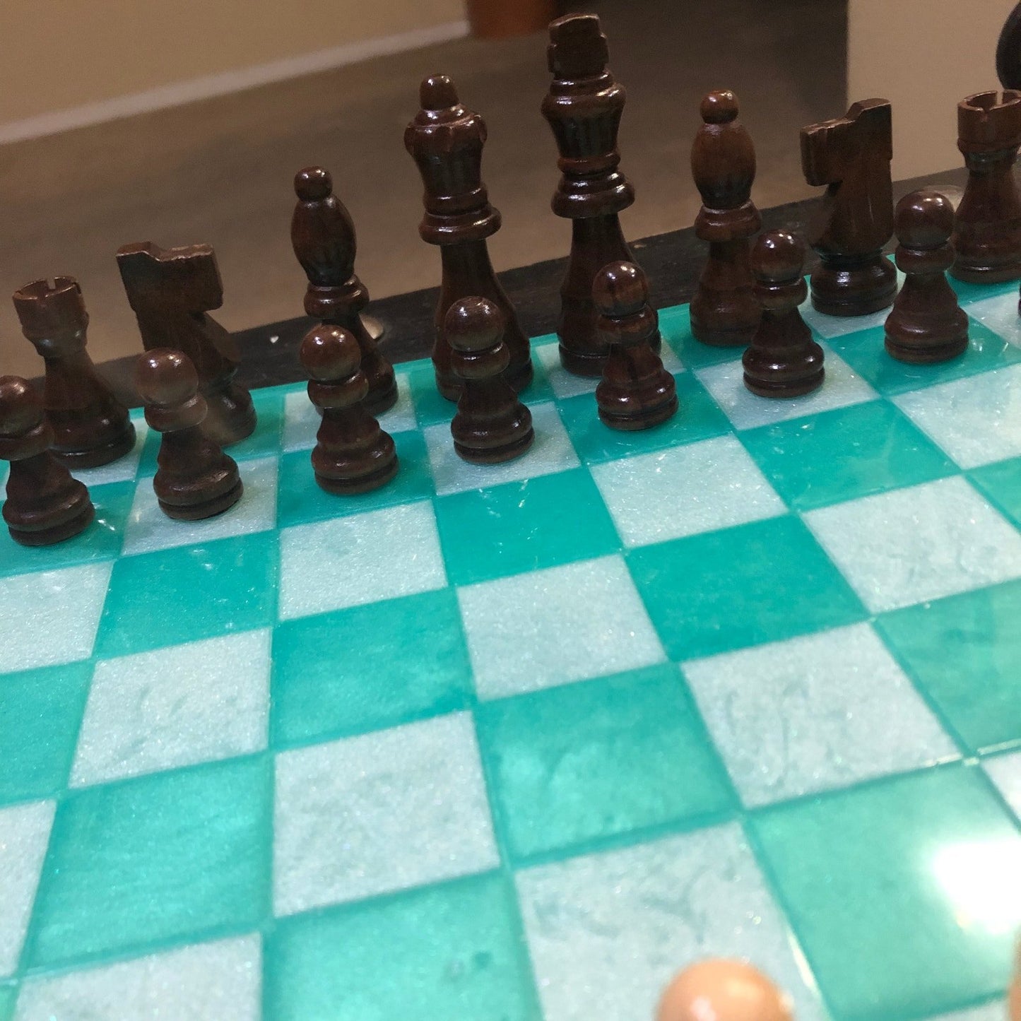 Resin Chess Set - Aqua Green & White (Wood Pieces)