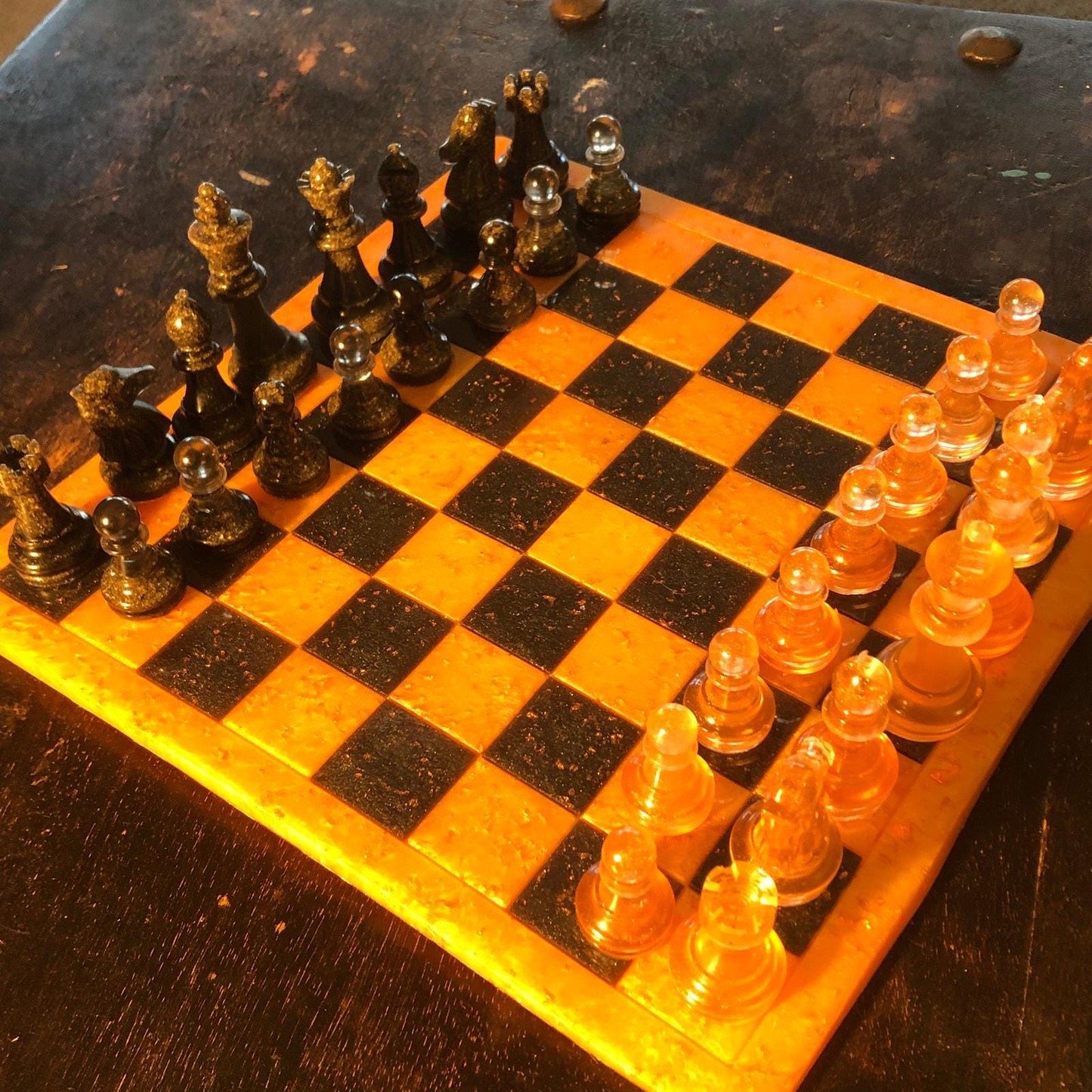 Handmade Resin Chess Set - Orange & Black