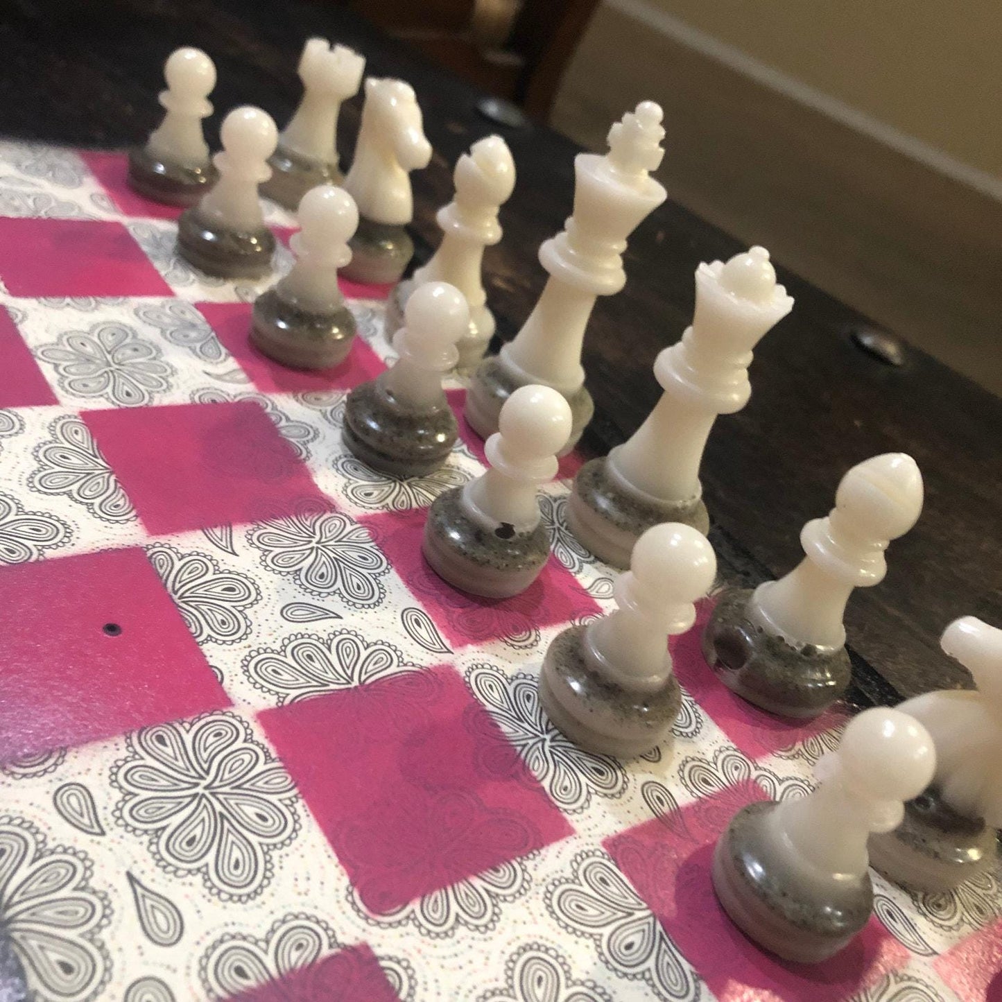 Scrapbook Chess Set - Pink & Black (Resin Pieces)