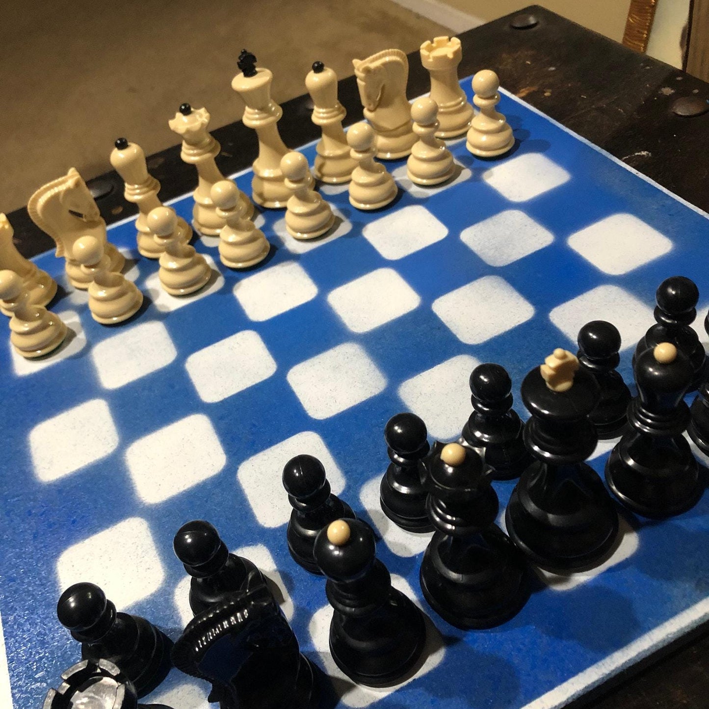 Large Painted Chess Set - Blue & White