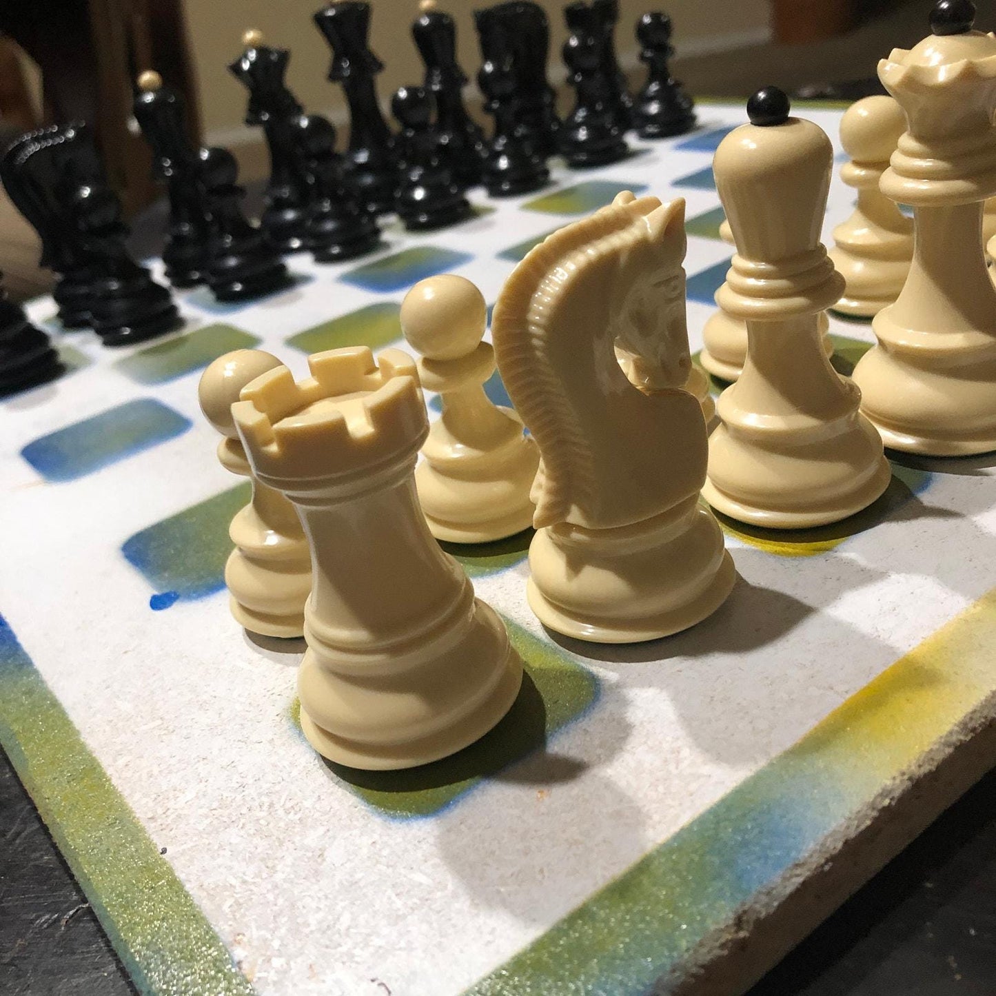 Large Painted Chess Set - Blue/Yellow & White