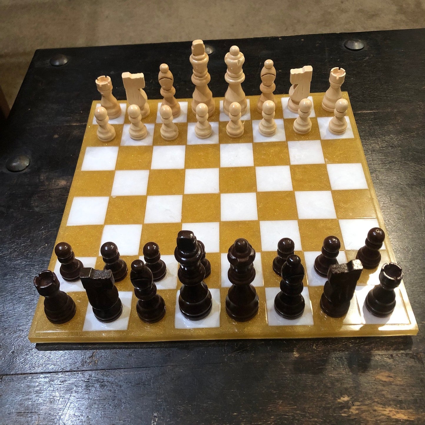 Resin Chess Set - Golden White (Wood Pieces)