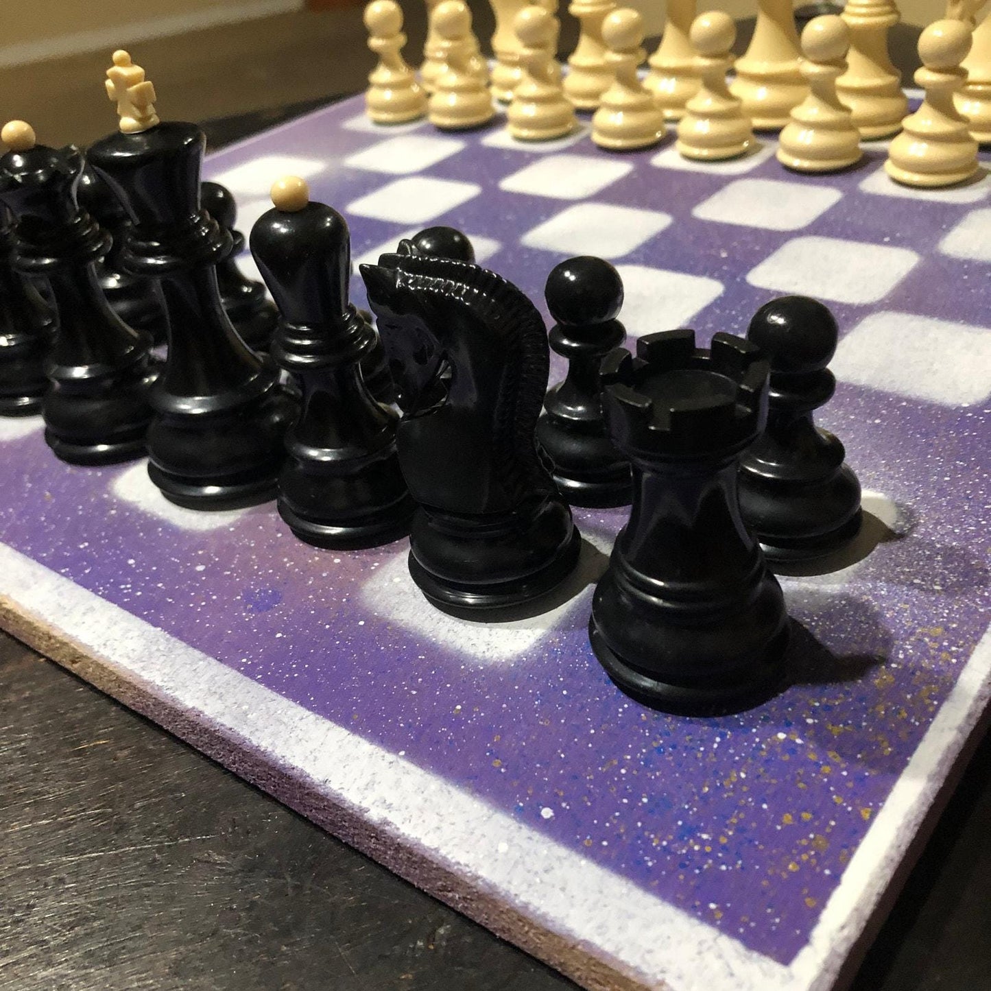 Large Painted Chess Set - Purple & White