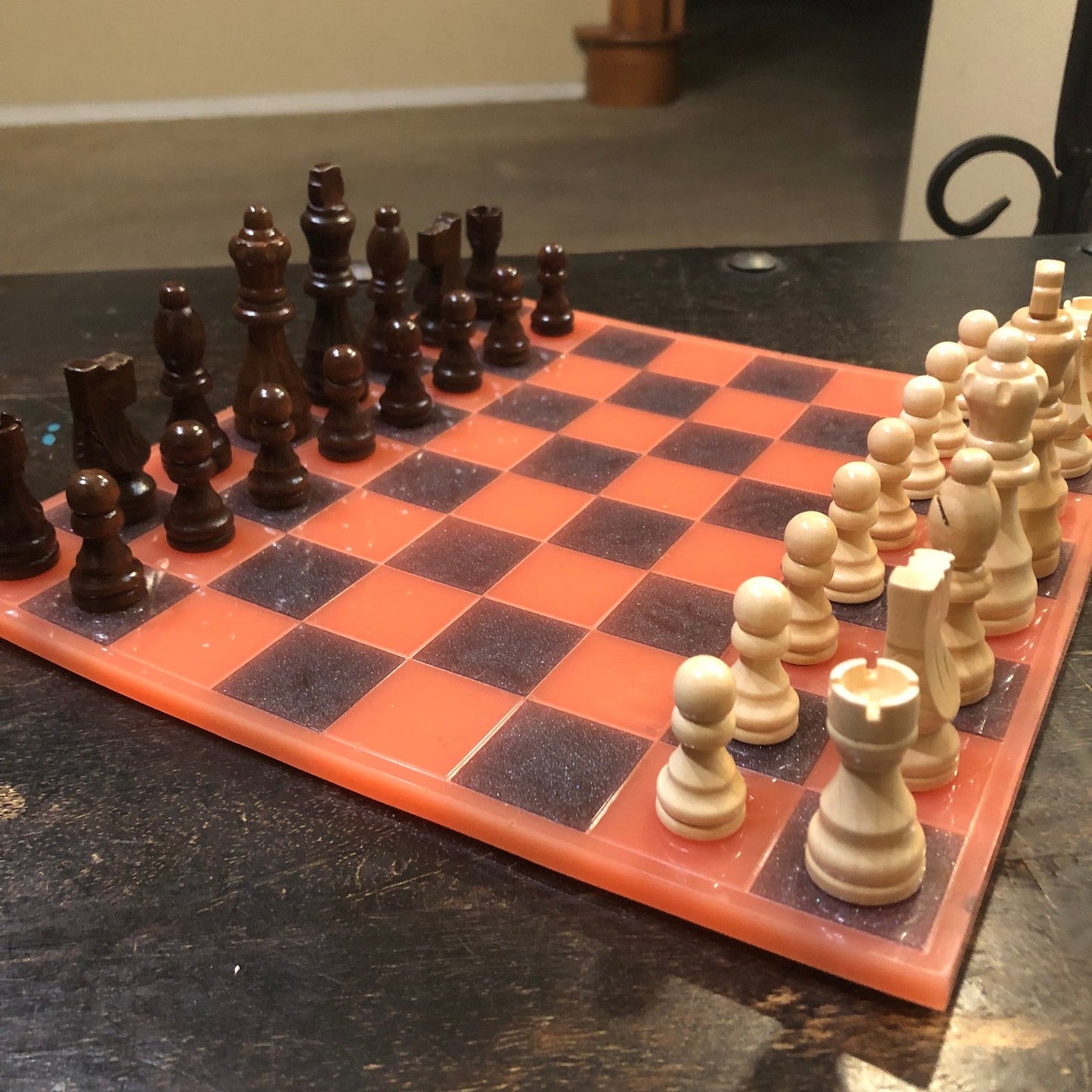 Resin Chess Set - Red & Black (Wood Pieces)