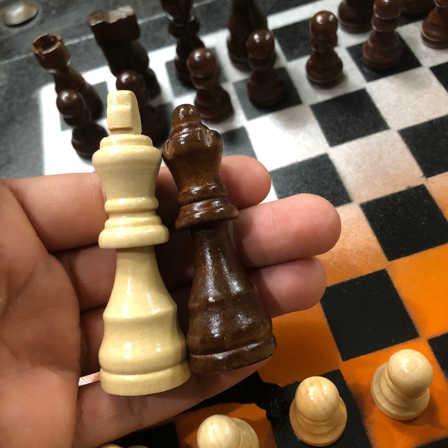 Painted Chess Set - Orange White & Black