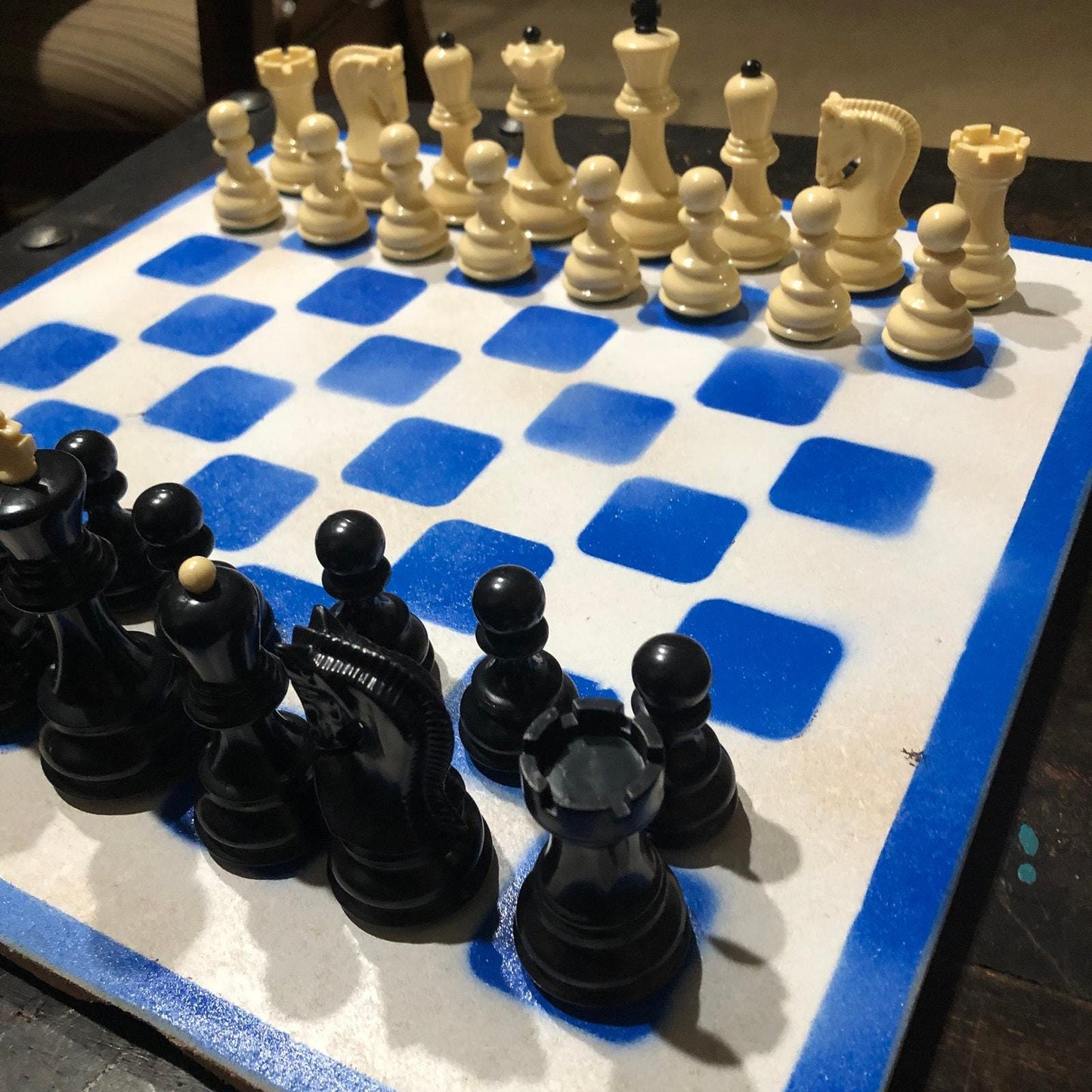 Large Painted Chess Set - Blue & White