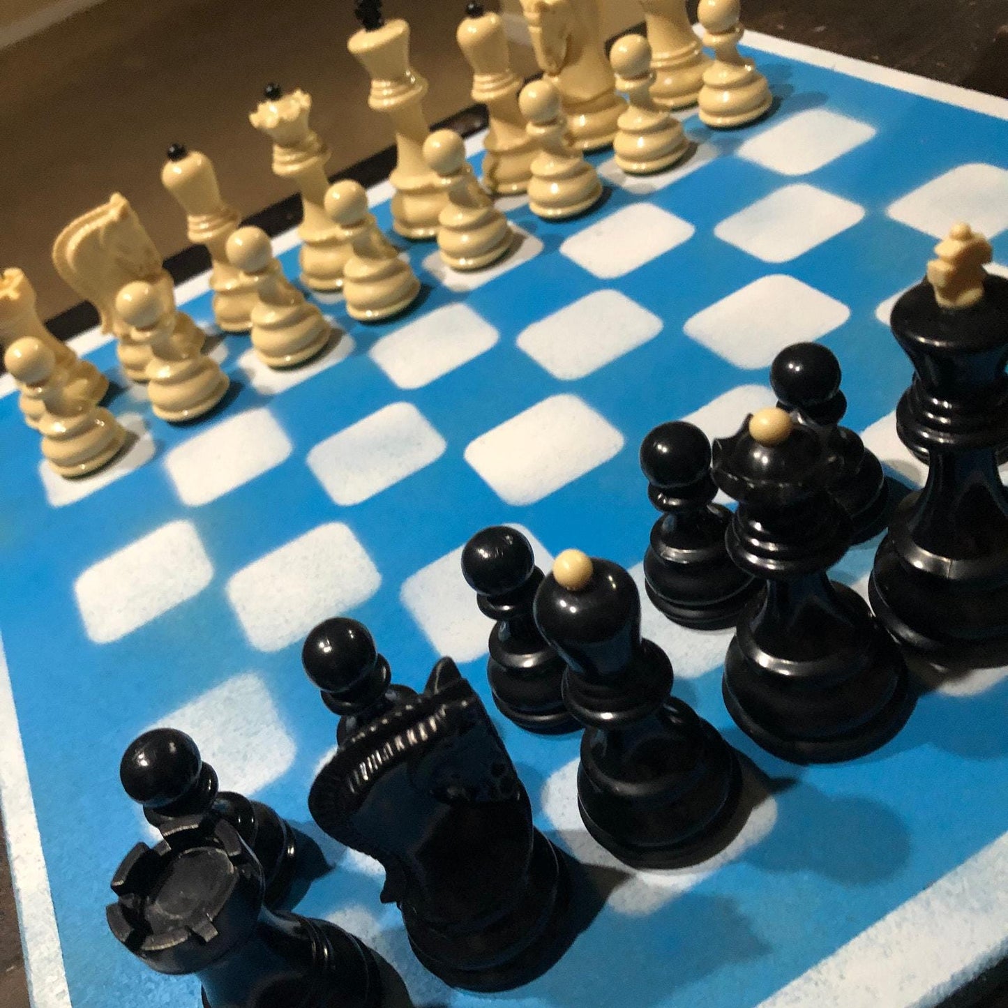 Large Painted Chess Set - White & Blue