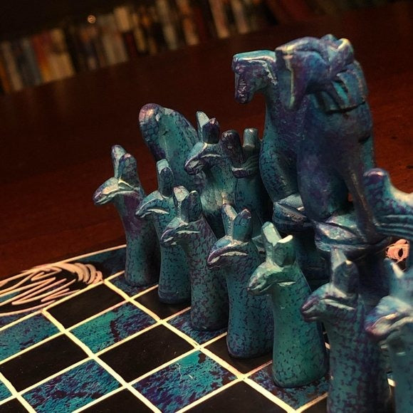 African Vintage Chess Set - Sea Blue Chess Board