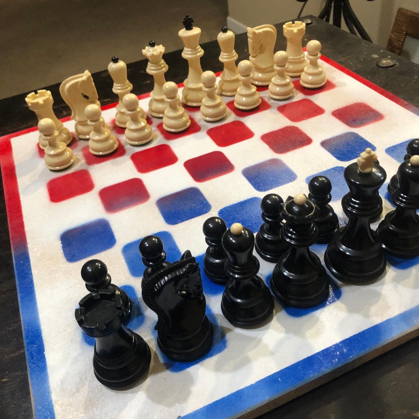 Large Chess Set - Red Blue & White