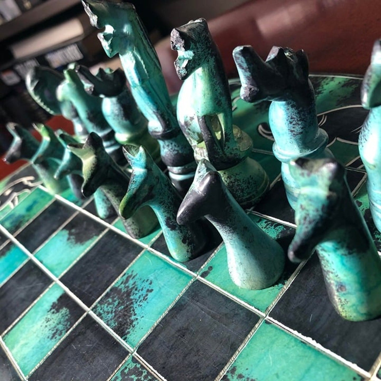 African Vintage Chess Set - Royal Green Large Chess Board