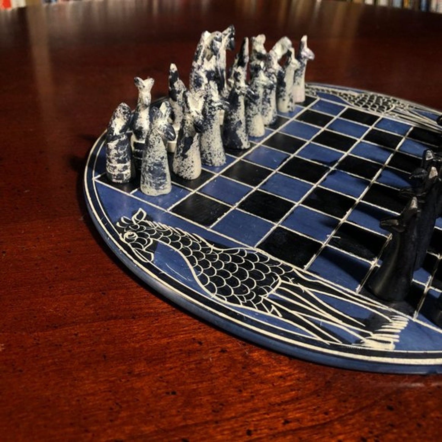 African Vintage Chess Set - Blue/White Chess Board