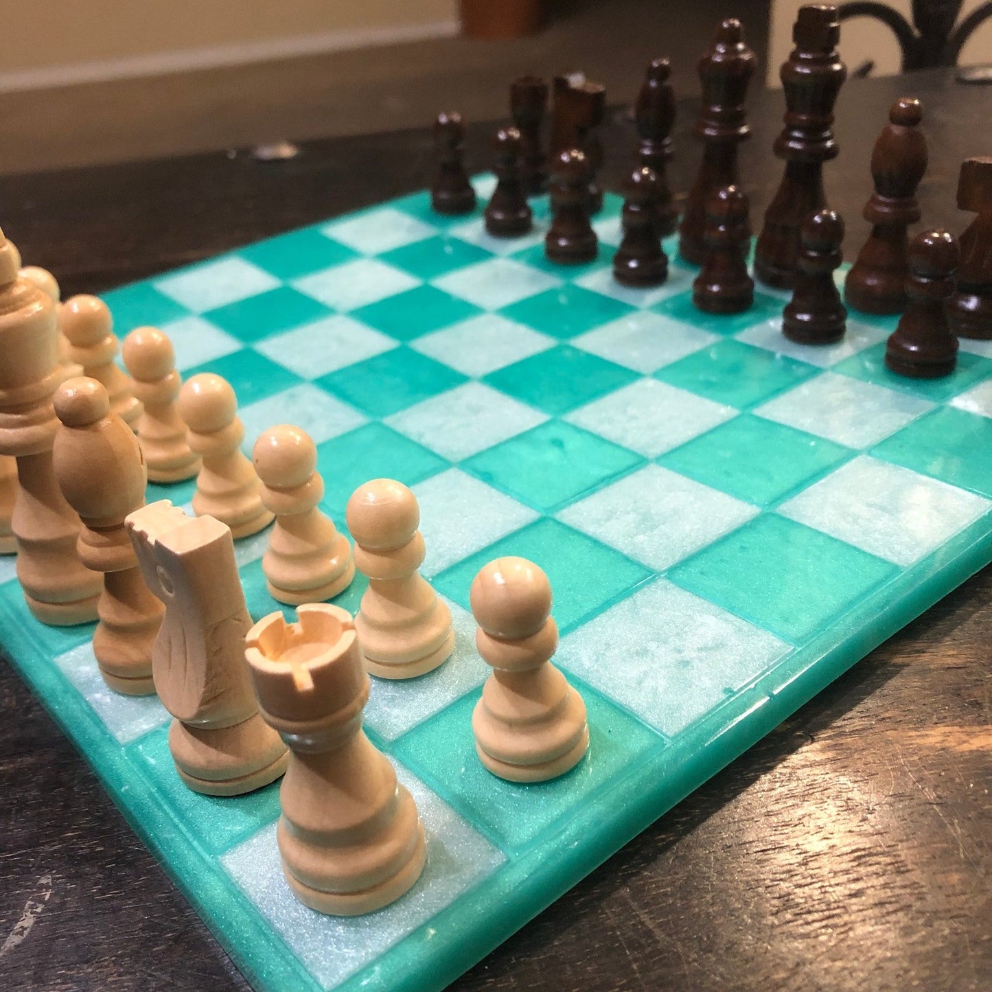 Resin Chess Set - Aqua Green & White (Wood Pieces)