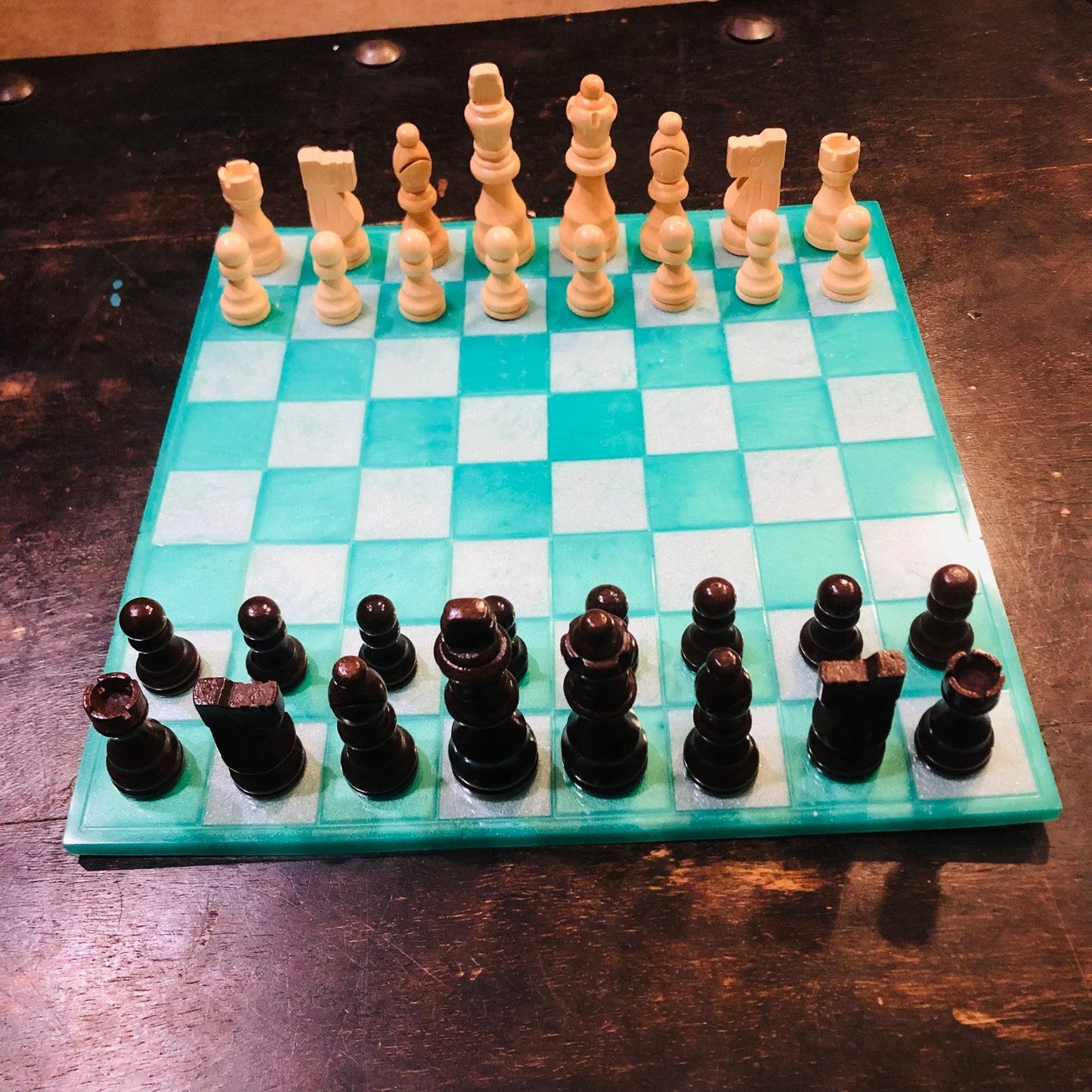 Resin Chess Set - Aqua Green & White (Wood Pieces)