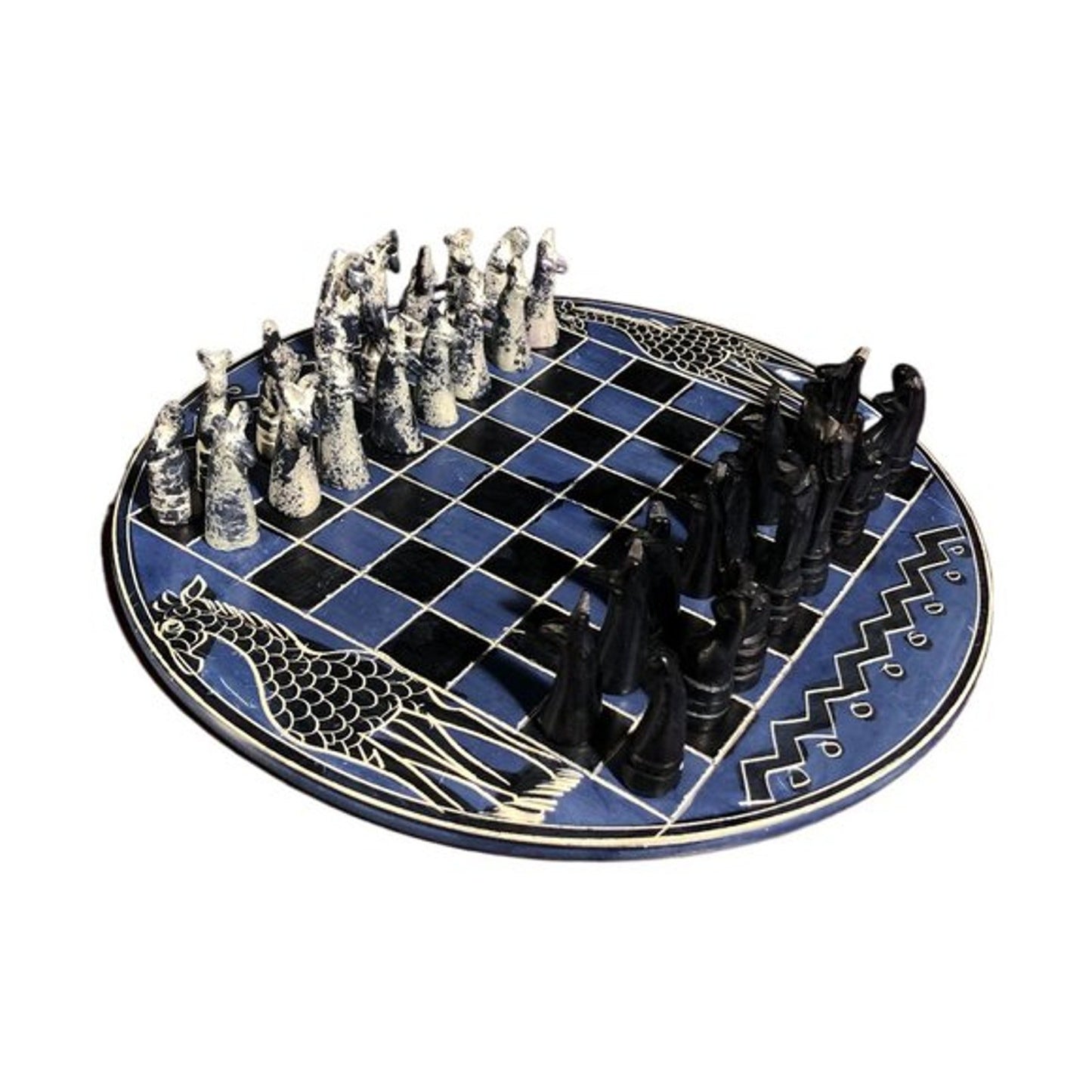 African Vintage Chess Set - Blue/White Chess Board