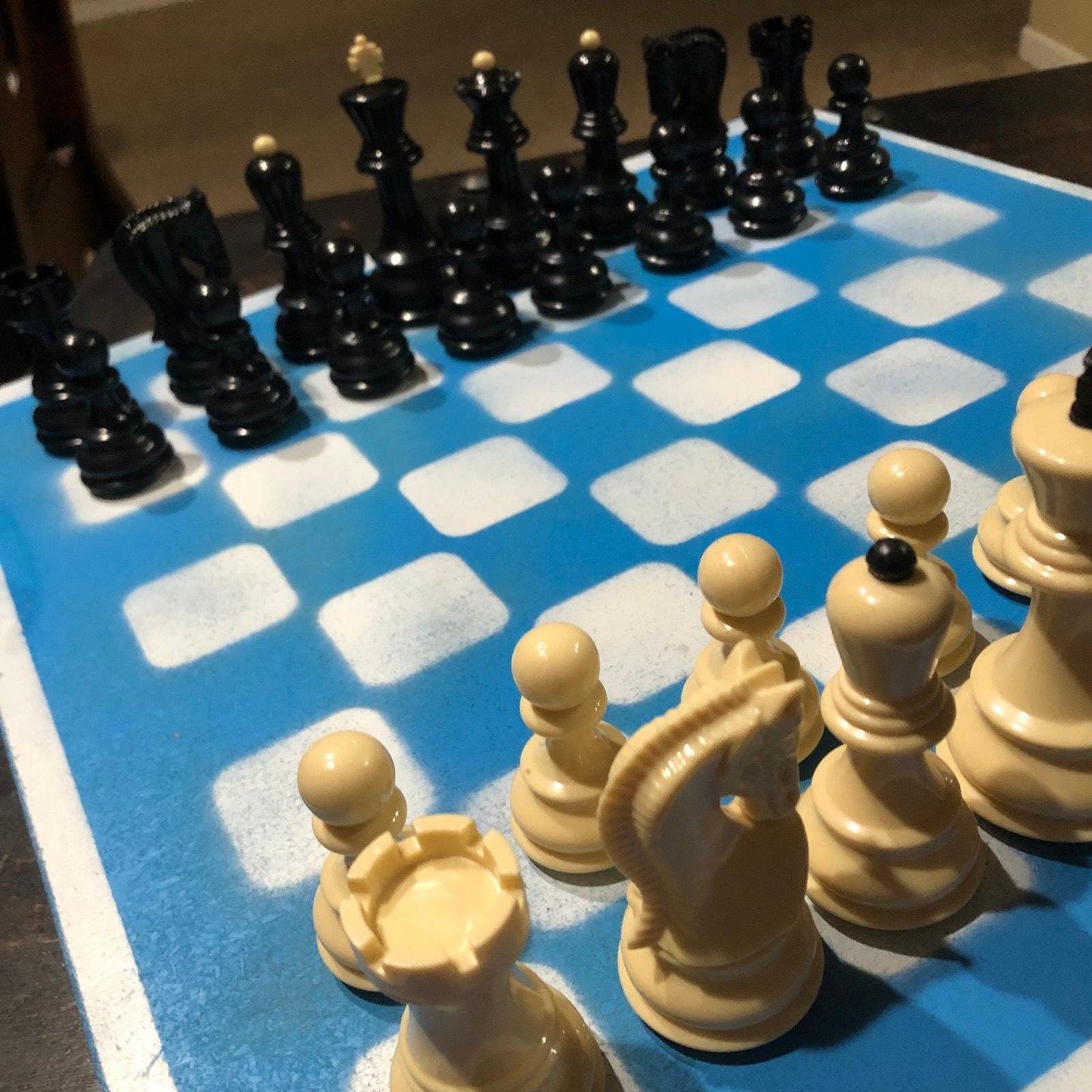 Large Painted Chess Set - White & Blue