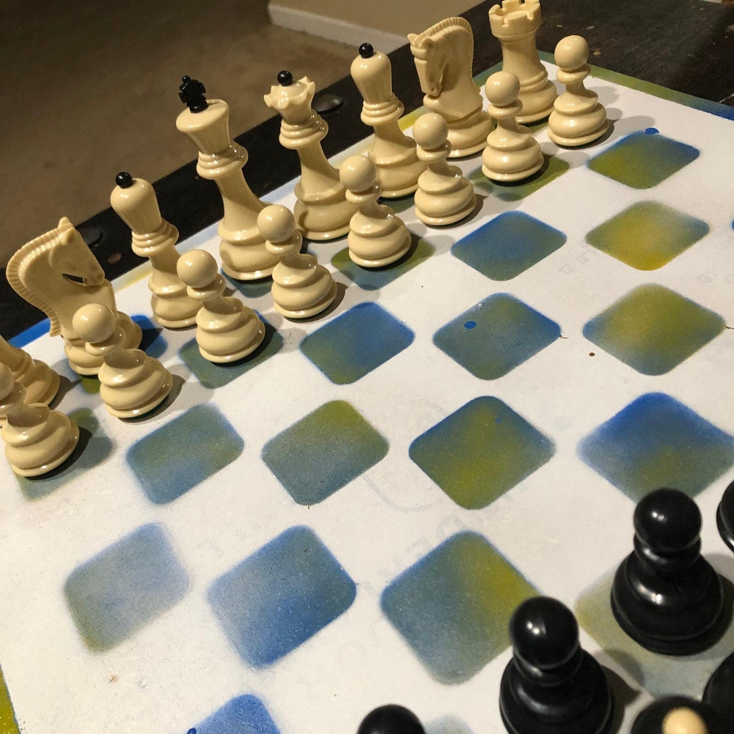 Large Painted Chess Set - Blue/Yellow & White