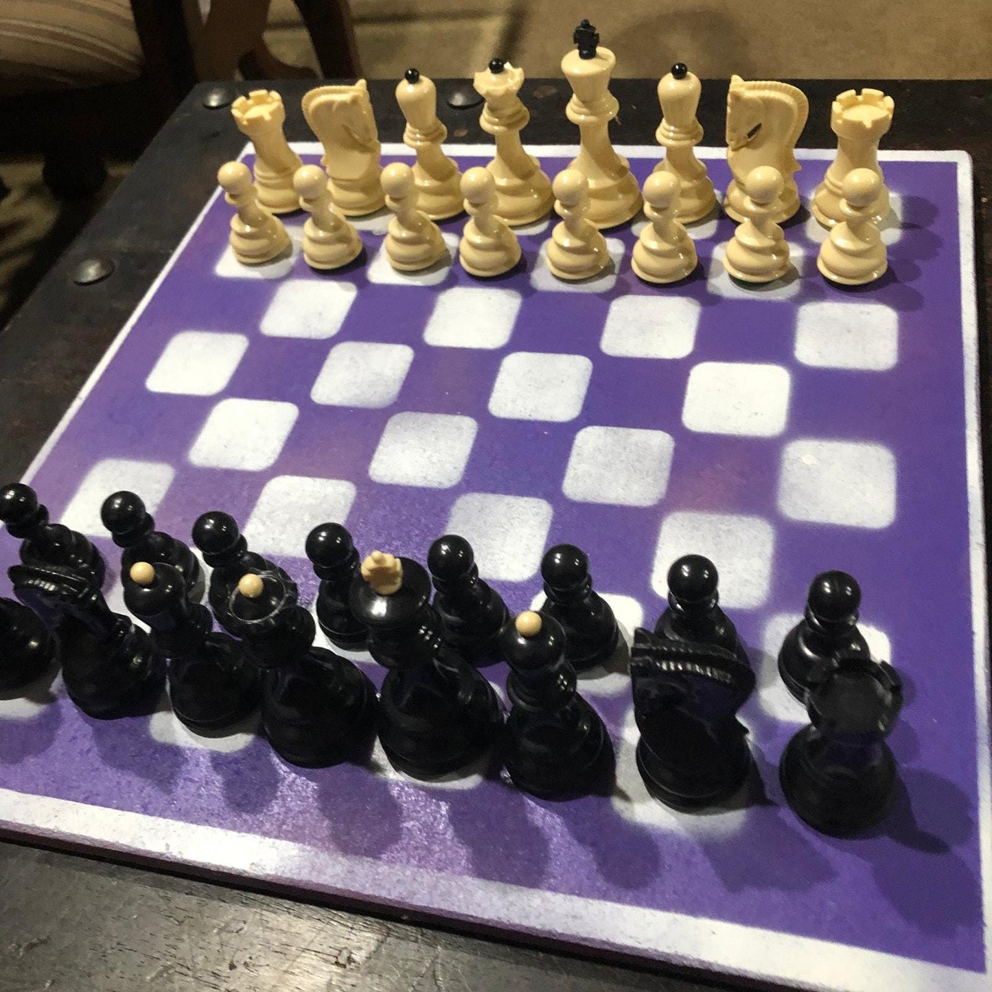 Large Painted Chess Set - Purple & White