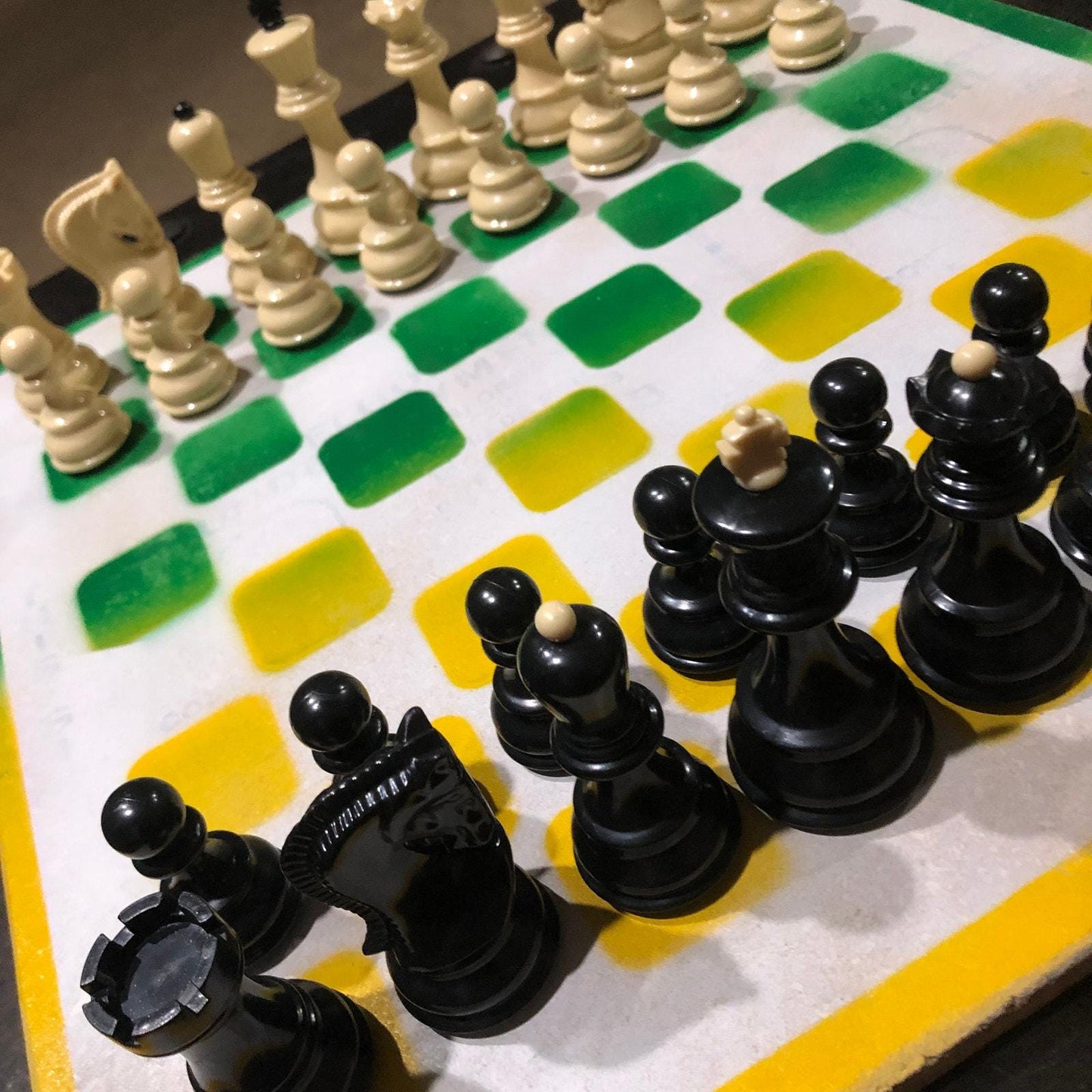 Large Painted Chess Set - Green/Yellow & White