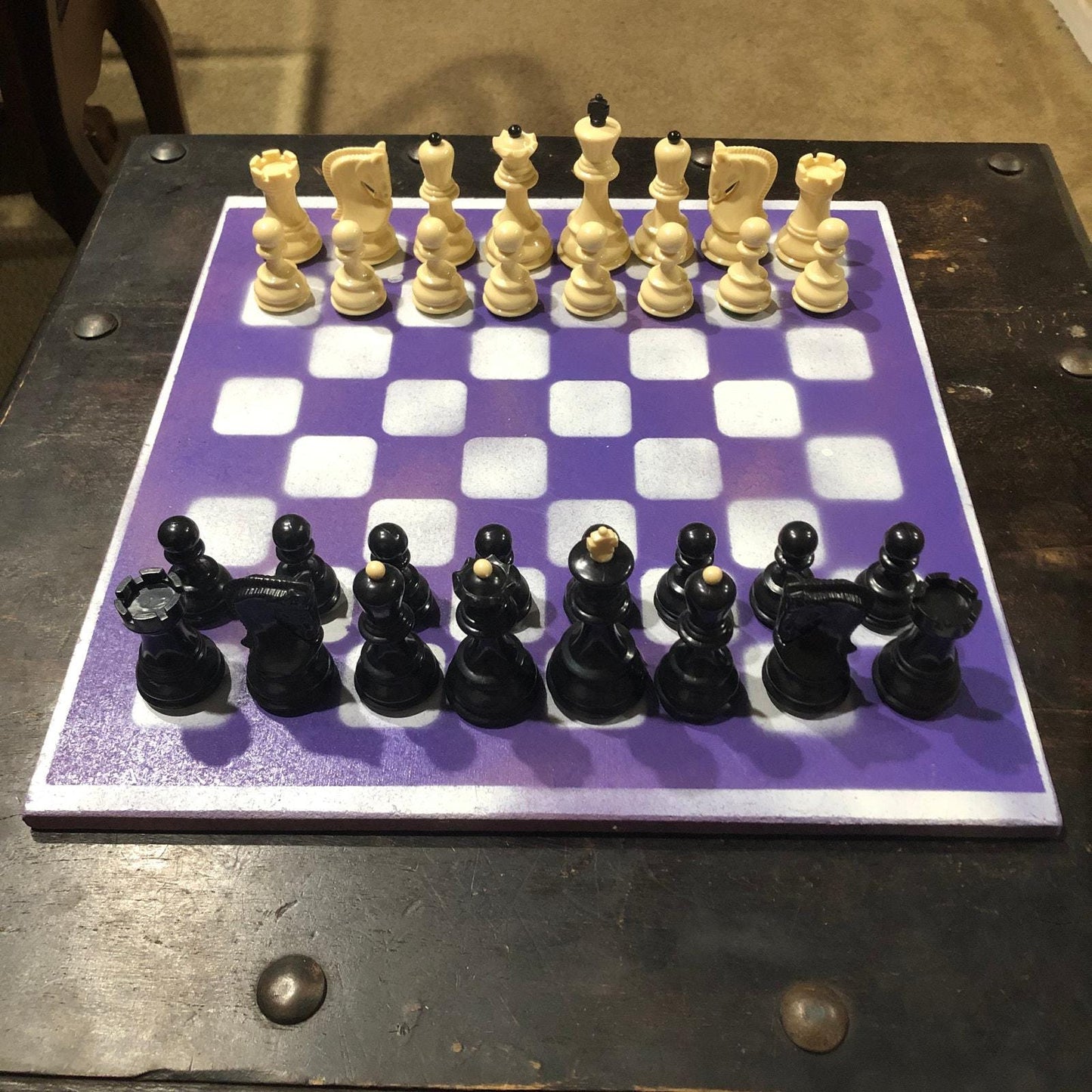 Large Painted Chess Set - Purple & White