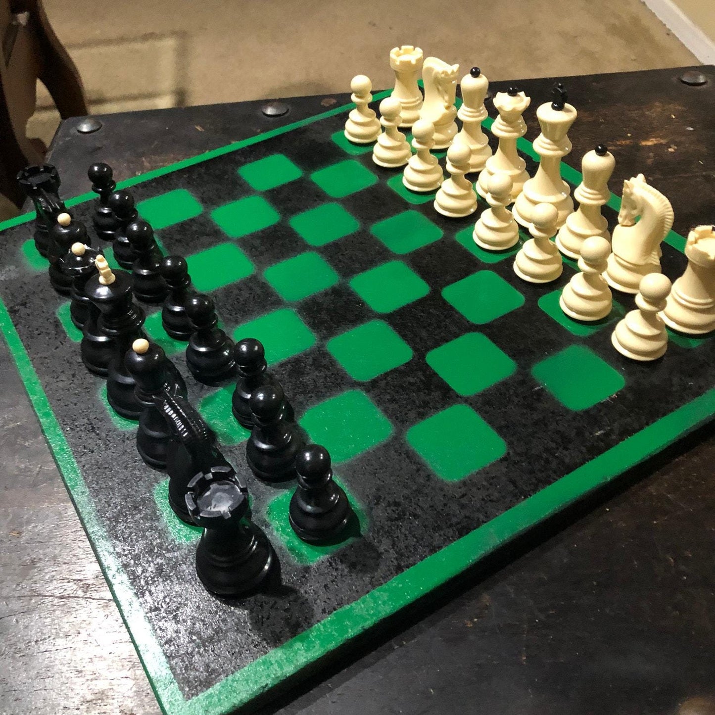 Large Painted Chess Set - Green & Black