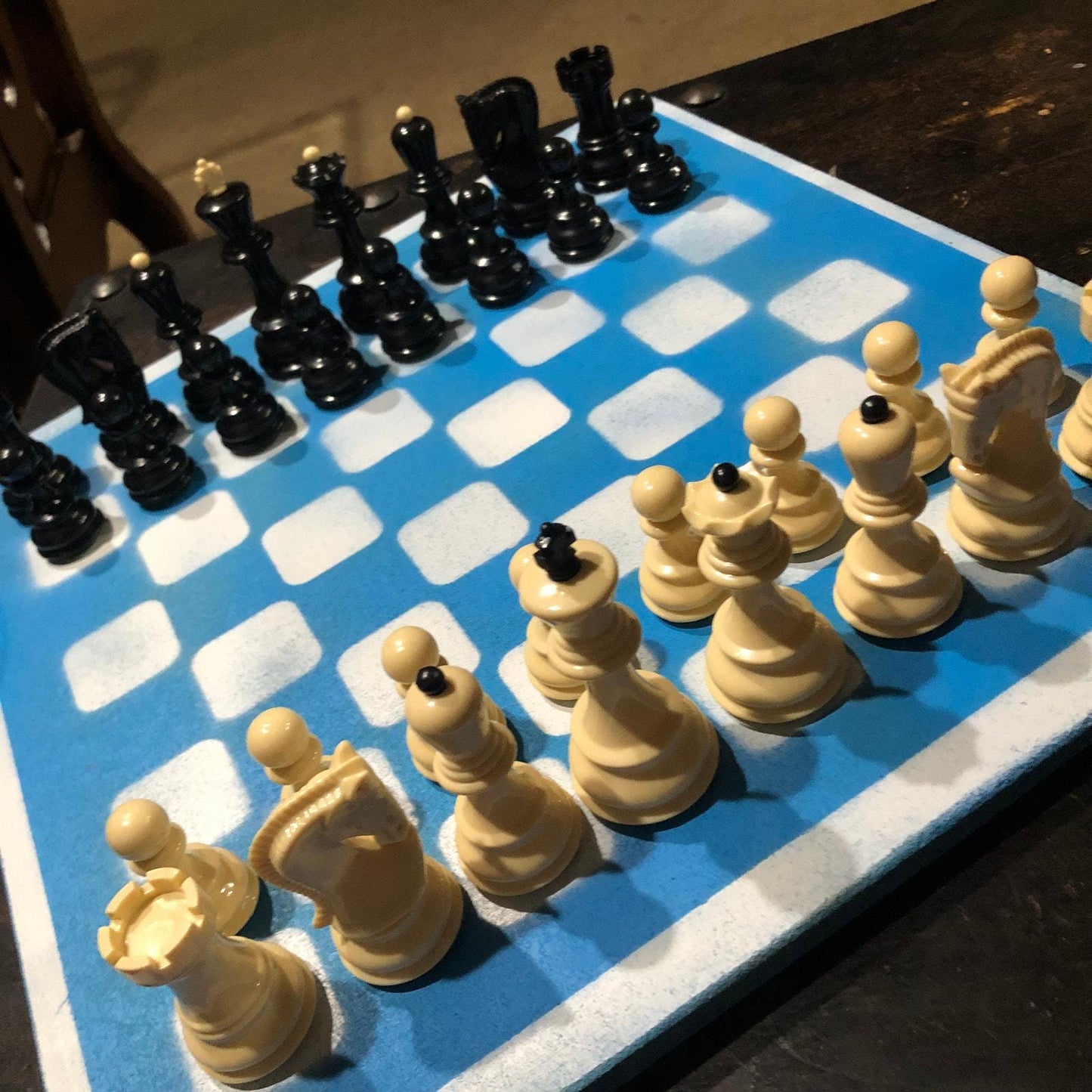 Large Painted Chess Set - White & Blue