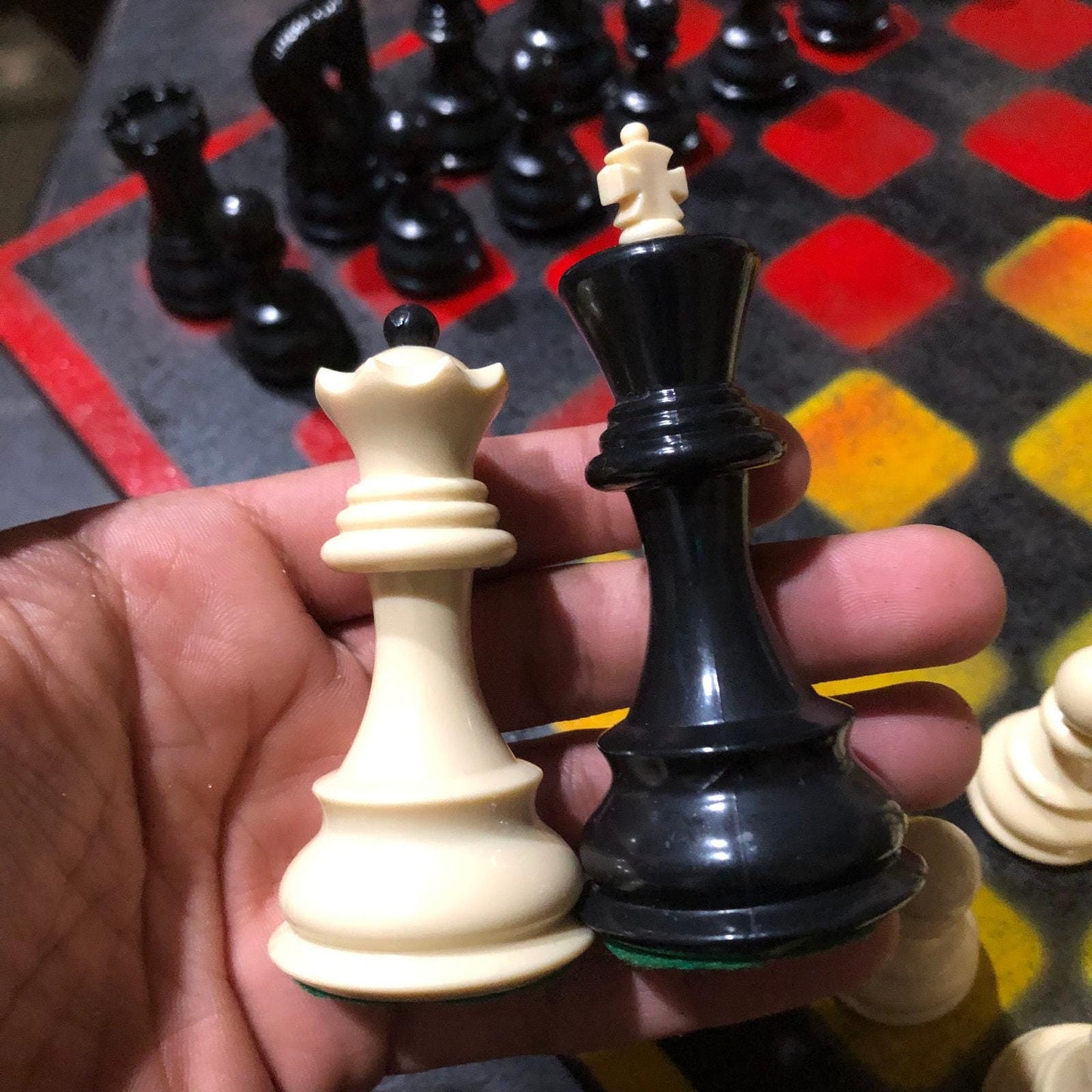 Large Painted Chess Set - Red Black & Yellow