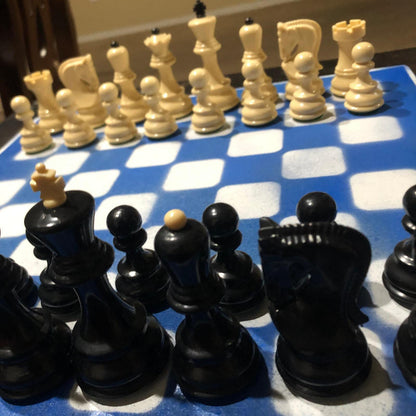 Large Painted Chess Set - Blue & White