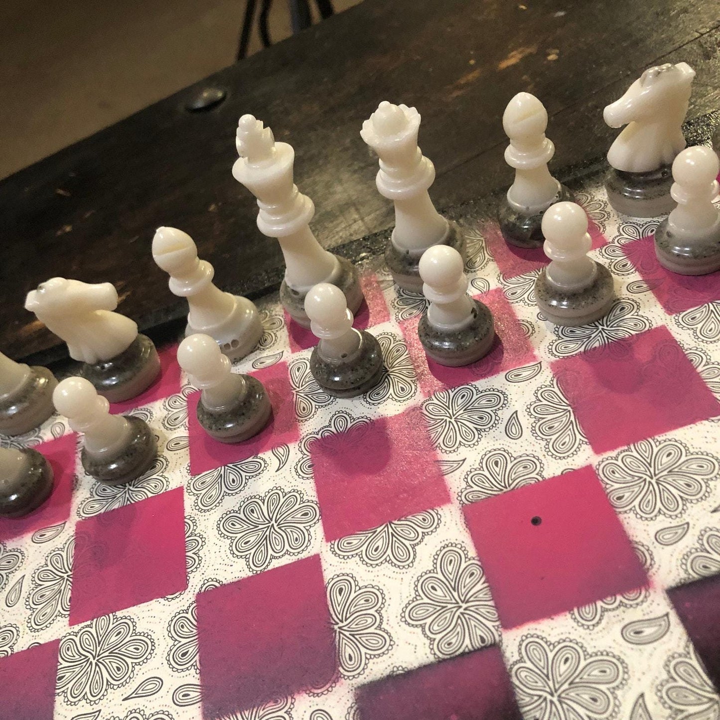 Scrapbook Chess Set - Pink & Black (Resin Pieces)