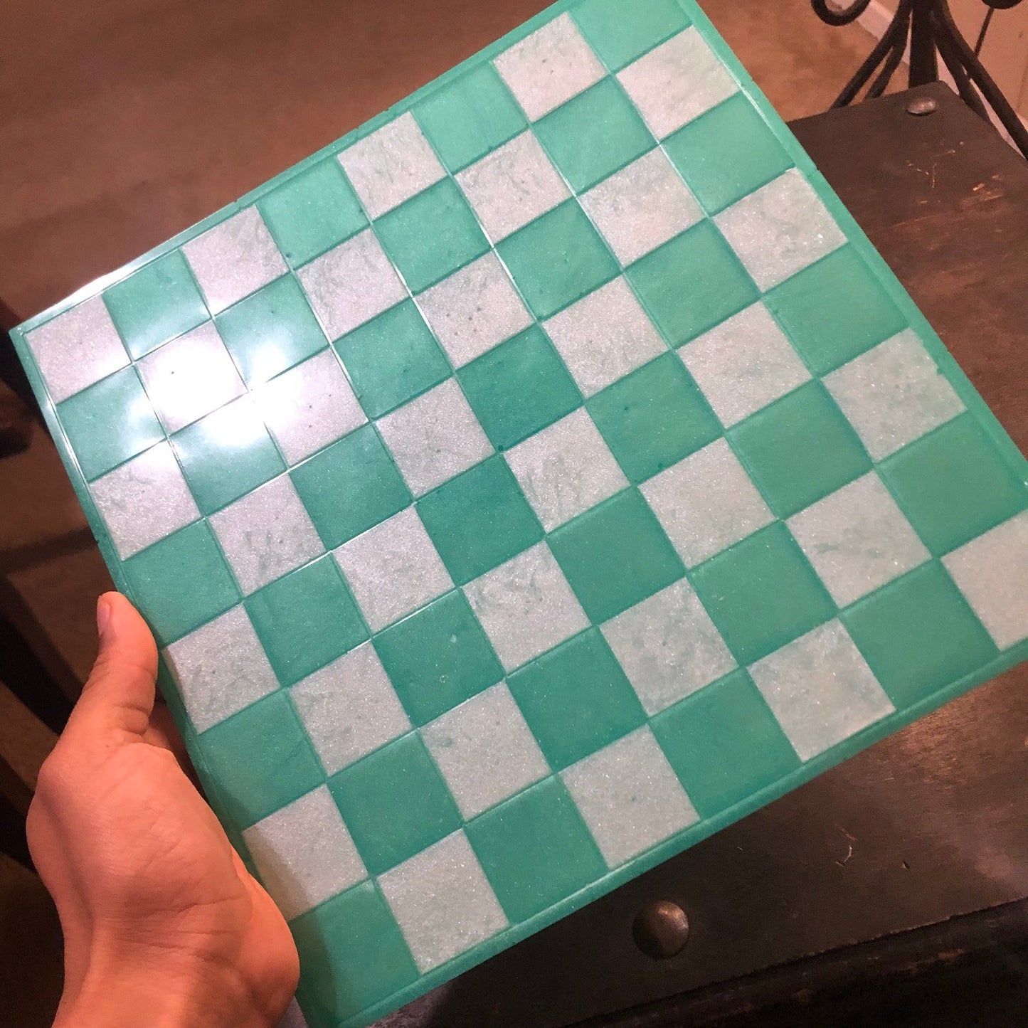 Resin Chess Set - Aqua Green & White (Wood Pieces)