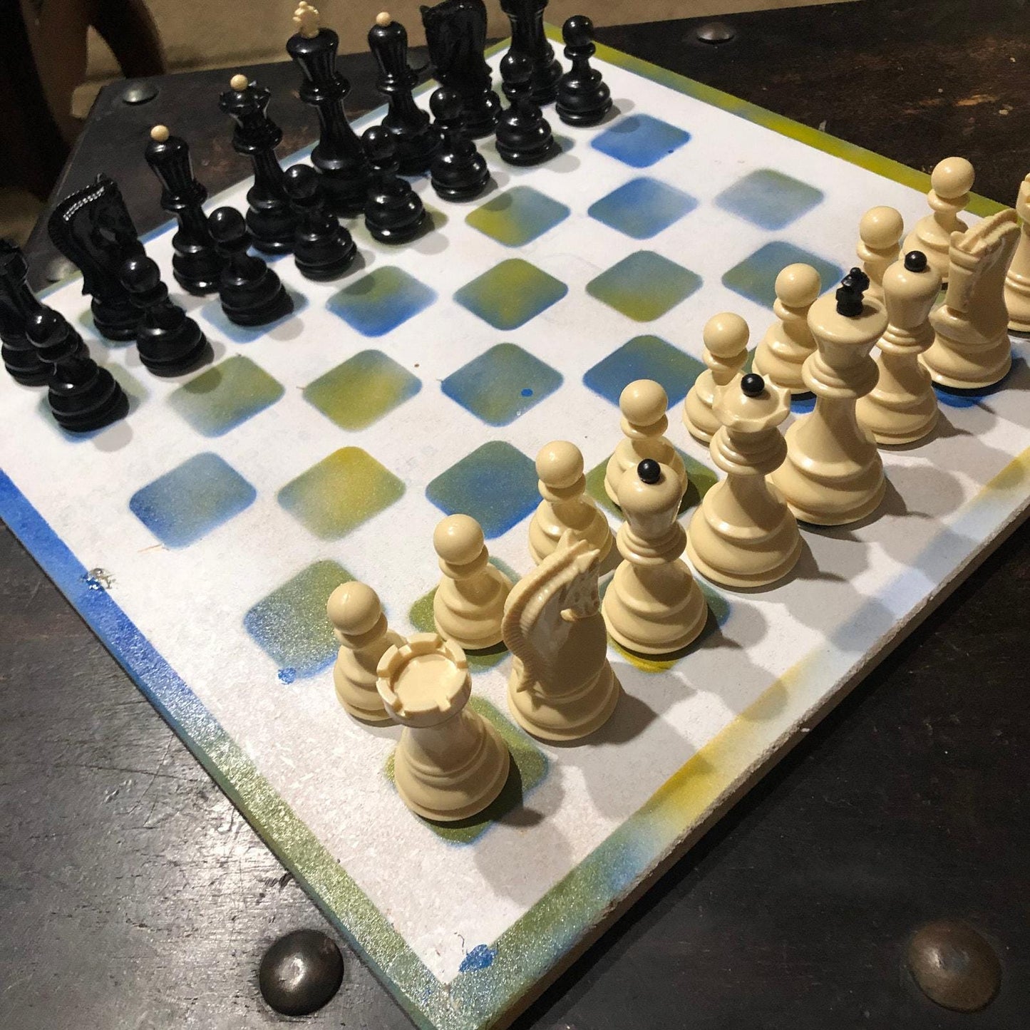 Large Painted Chess Set - Blue/Yellow & White