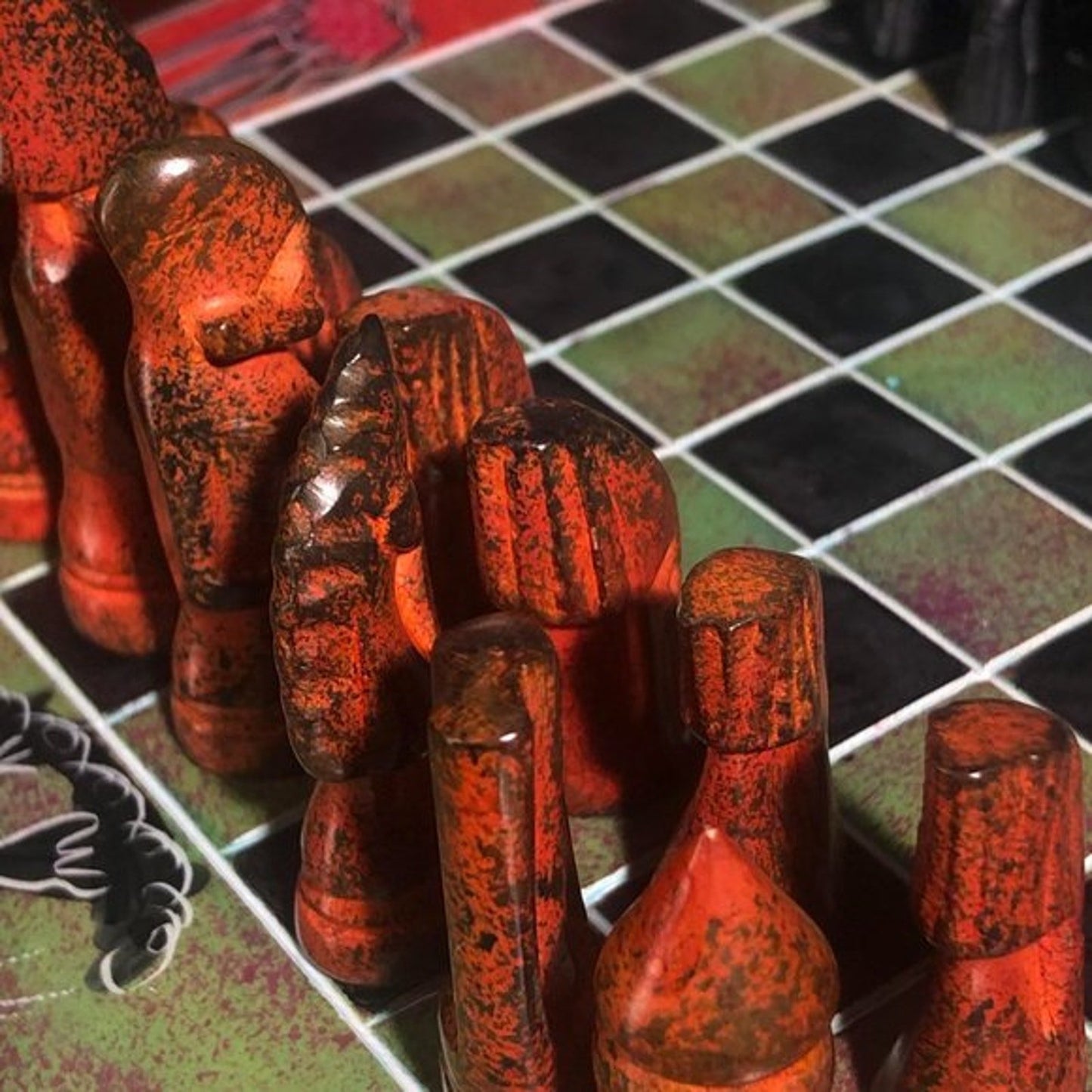 African Vintage Chess Set - Green/Orange Chess Board