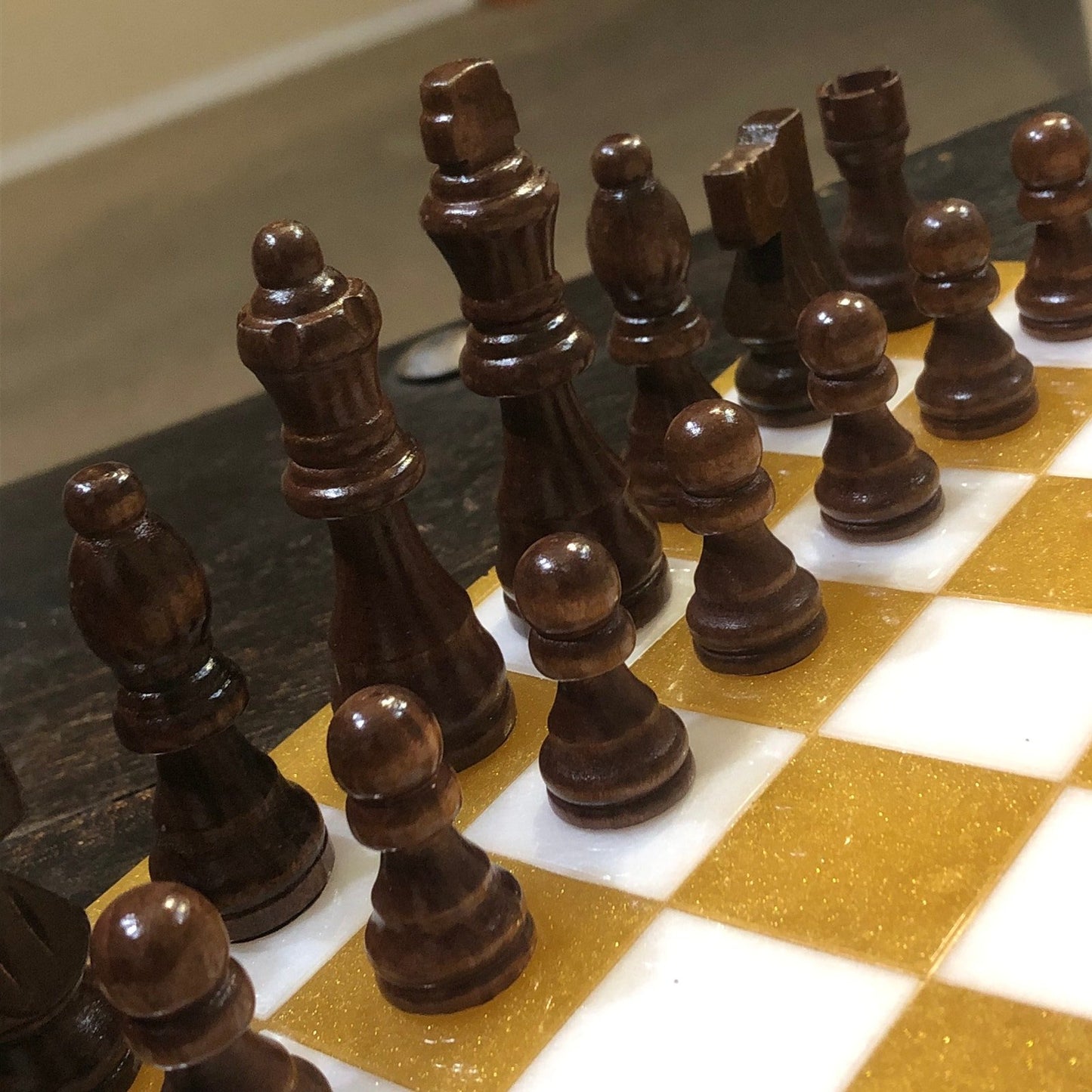 Resin Chess Set - Golden White (Wood Pieces)