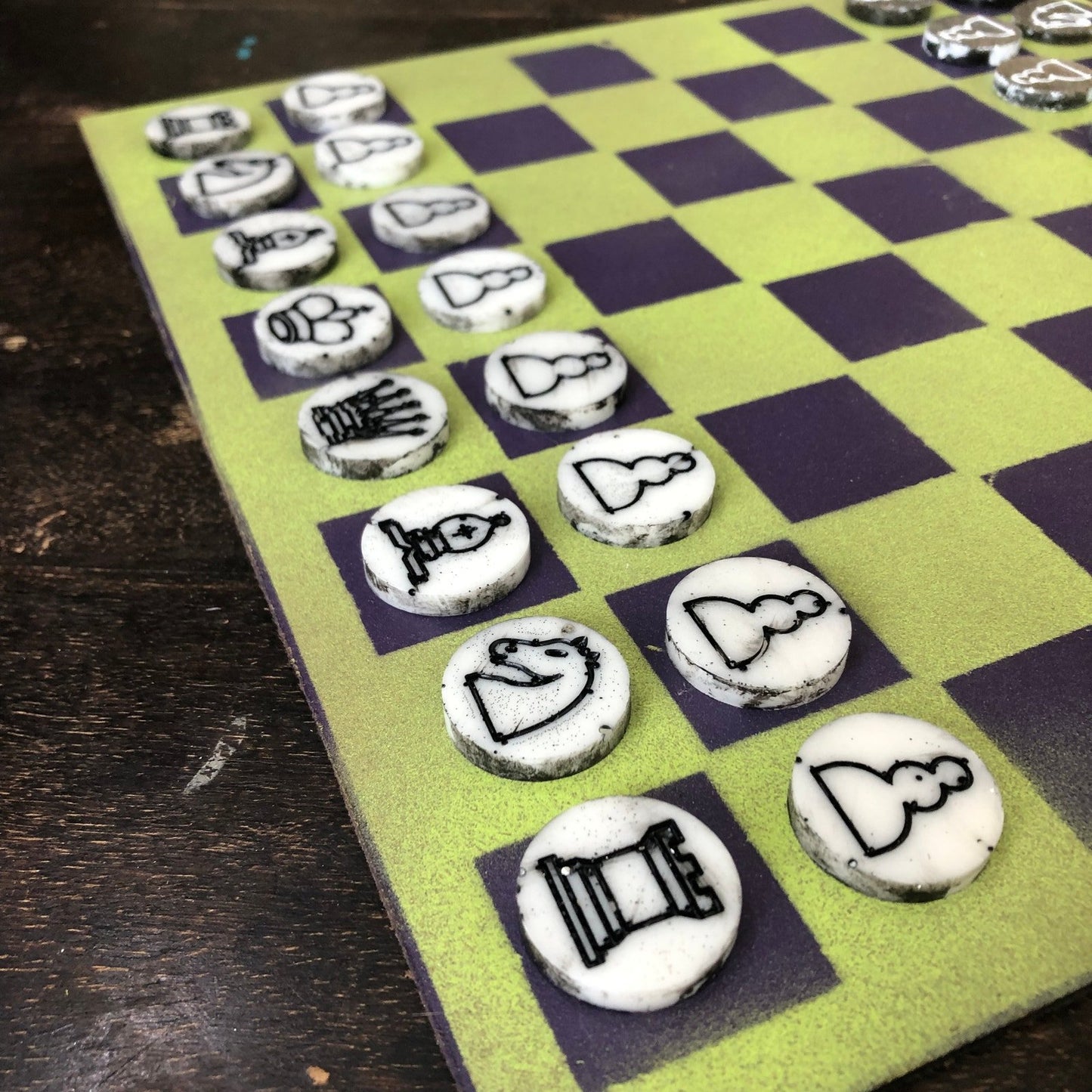 Painted Chess Set - Lime Green Purple